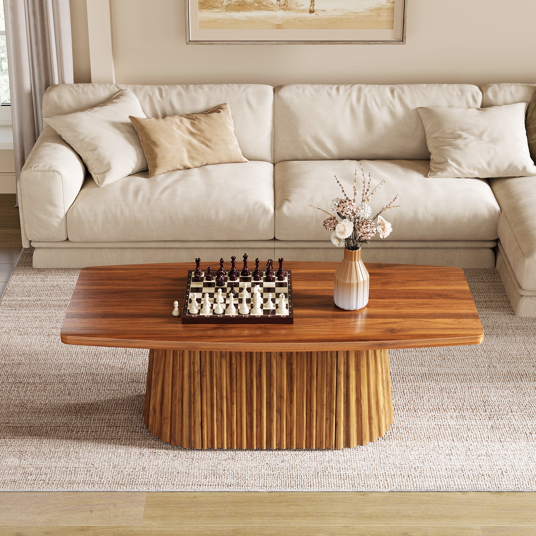 Rechteckiger Couchtisch 120 cm mit abgerundeten Kanten, Wohnzimmertisch im Landhausstil mit plissiertem Sockel