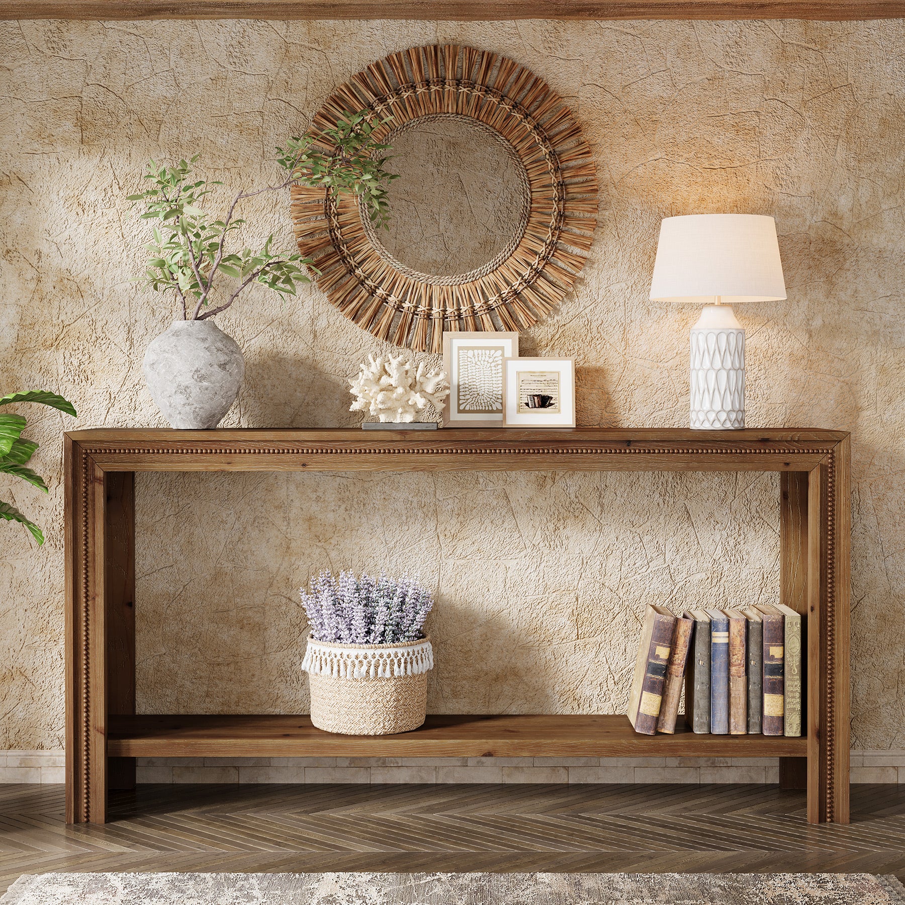 Tribesigns Massiver Holz Konsolentisch 160 cm im Landhausstil, schmaler Flurtisch mit 2 Ebenen