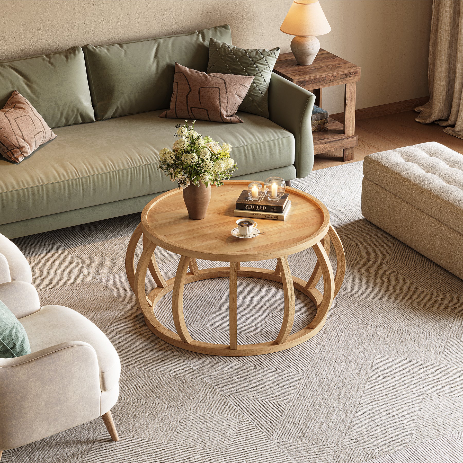 Runder Couchtisch aus Massivholz, 80 cm Wohnzimmertisch mit gebogenem Rahmensockel im Bauernhaus-Stil