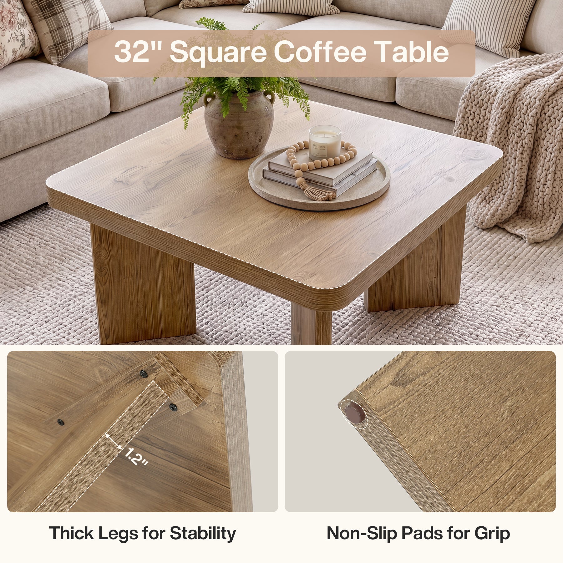 Tribesigns Quadratischer Couchtisch 80 cm, Kleiner Wohnzimmertisch im Landhausstil mit starker Tischplatte