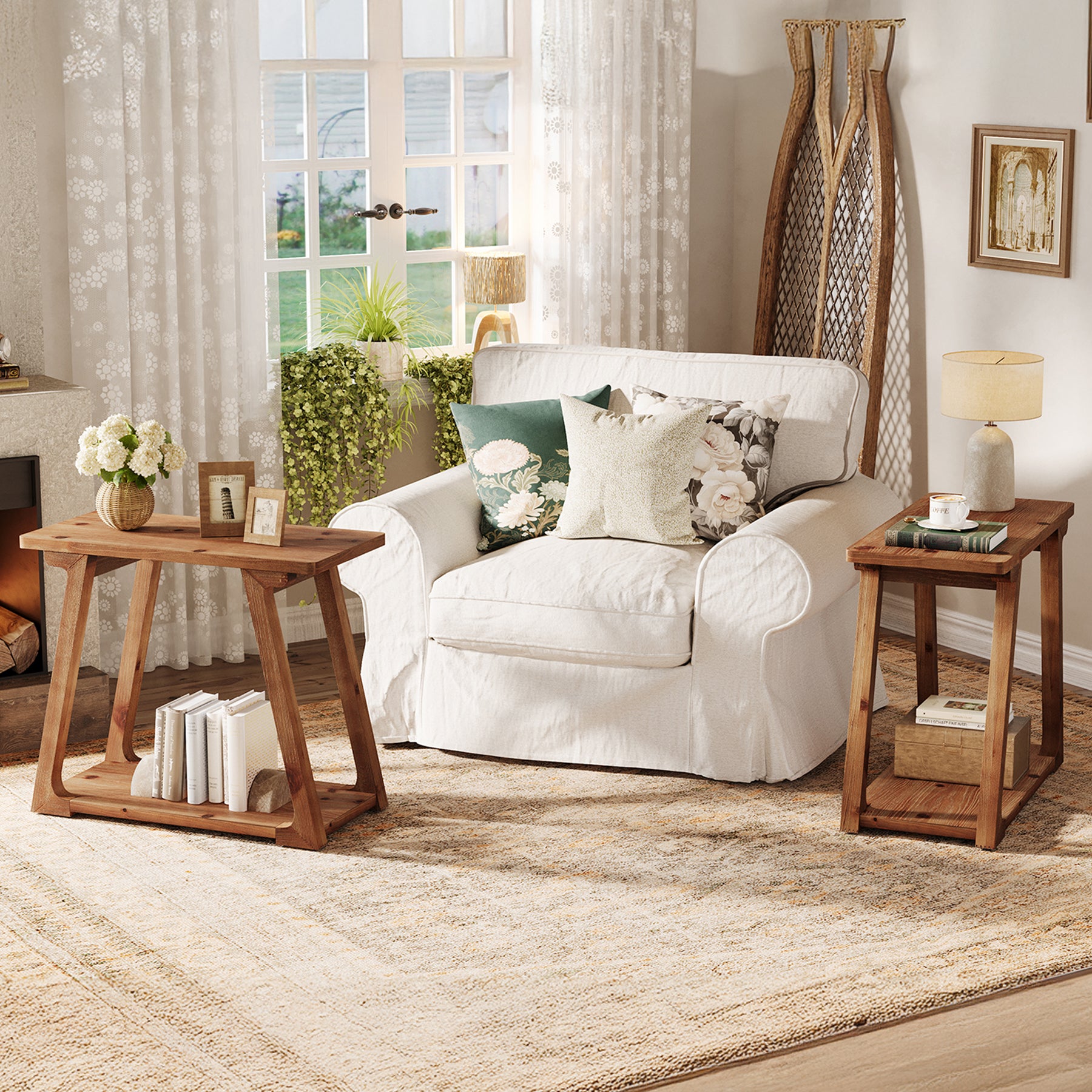 Tribesigns Massivholz Beistelltisch 2 Ebenen, schmaler Nachttisch im Landhausstil