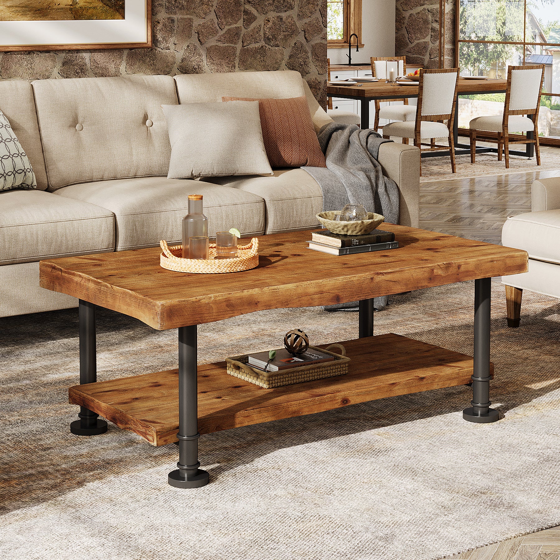 Tribesigns Rechteckiger Couchtisch 120 cm, 2 Ebenen Massivholz Wohnzimmertisch mit Live-Edge & Metallbeinen