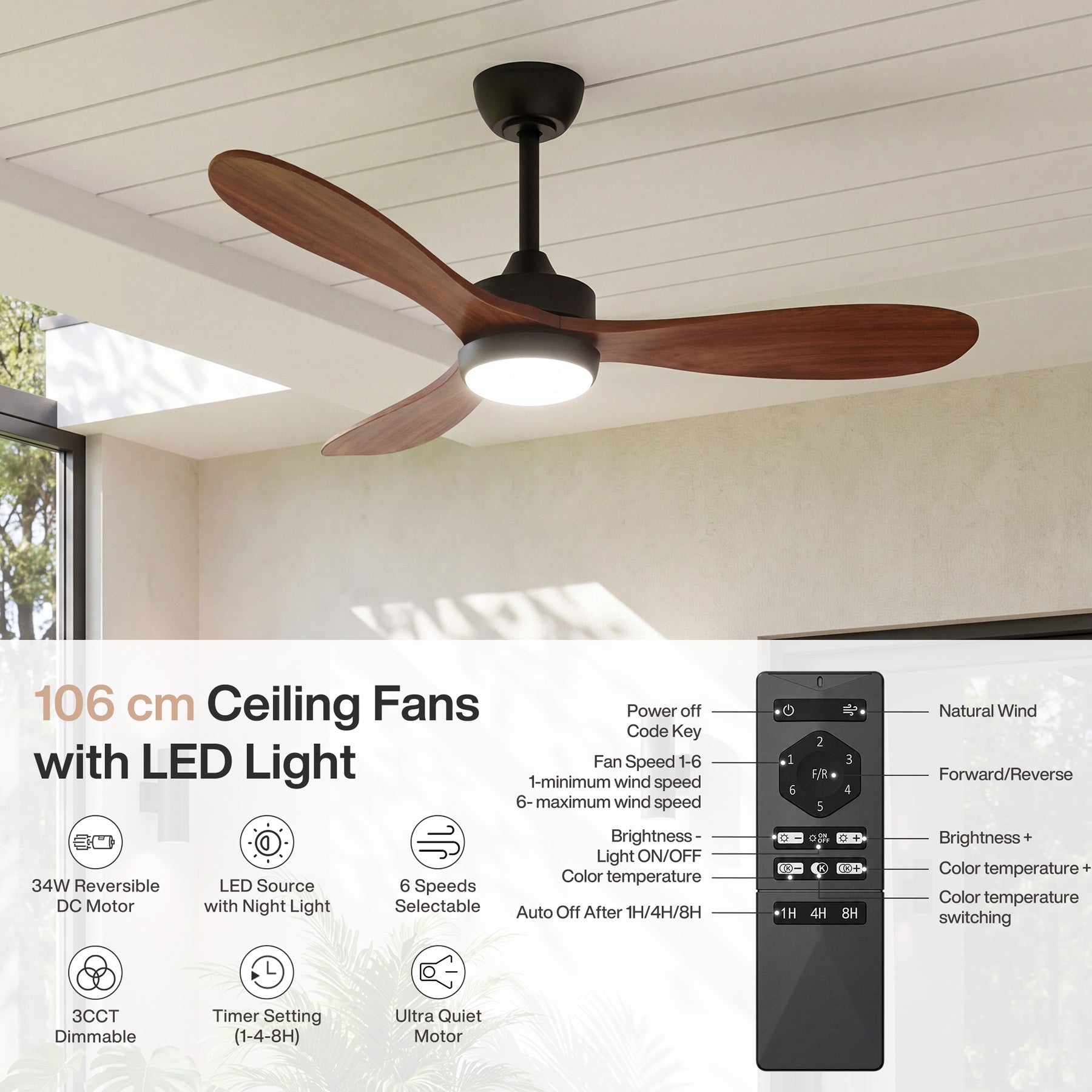 Tribesigns Deckenventilator mit Licht 106 cm, LED Deckenventilator mit Fernbedienung, Reversibler DC-Motor, 6 Geschwindigkeiten