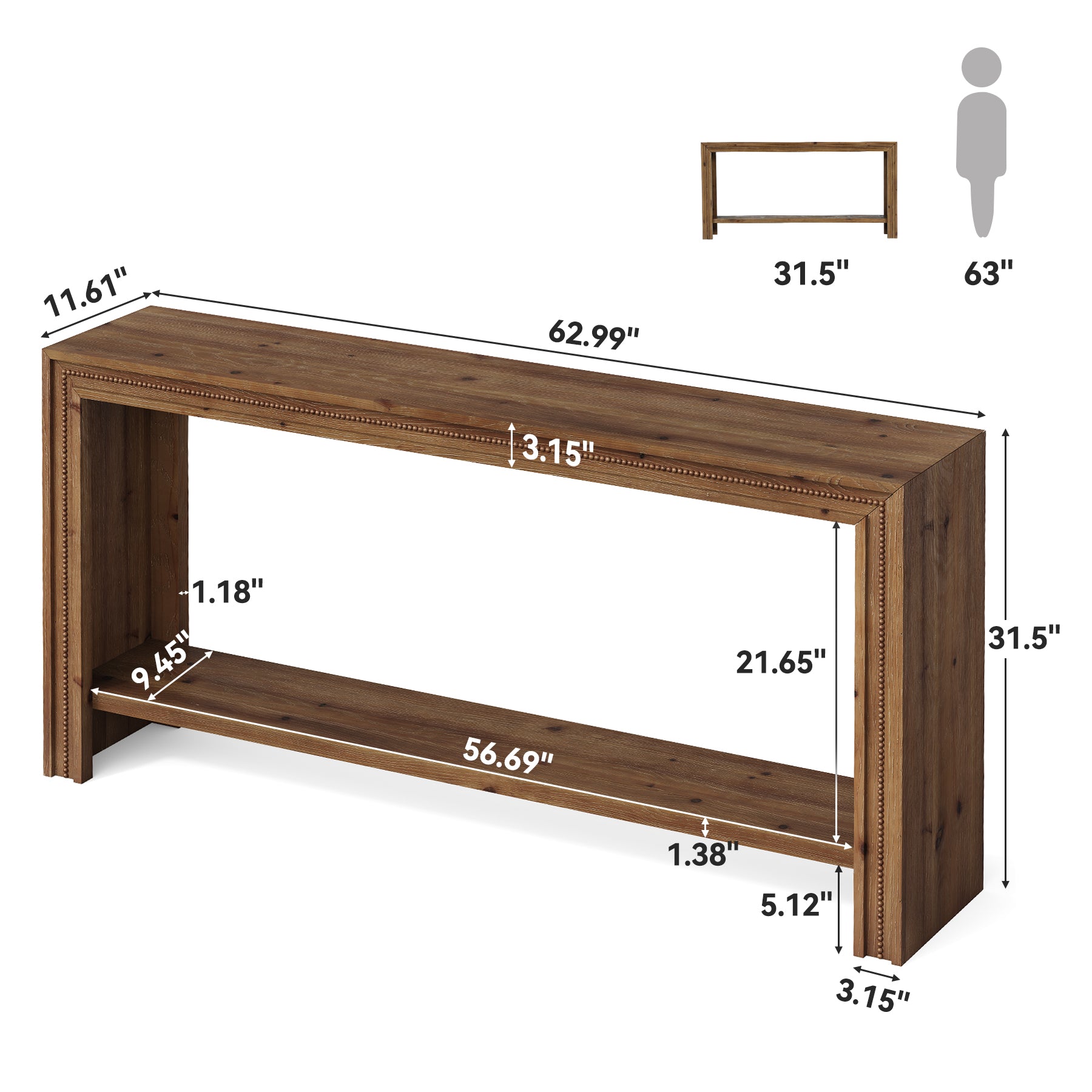 Tribesigns Massiver Holz Konsolentisch 160 cm im Landhausstil, schmaler Flurtisch mit 2 Ebenen
