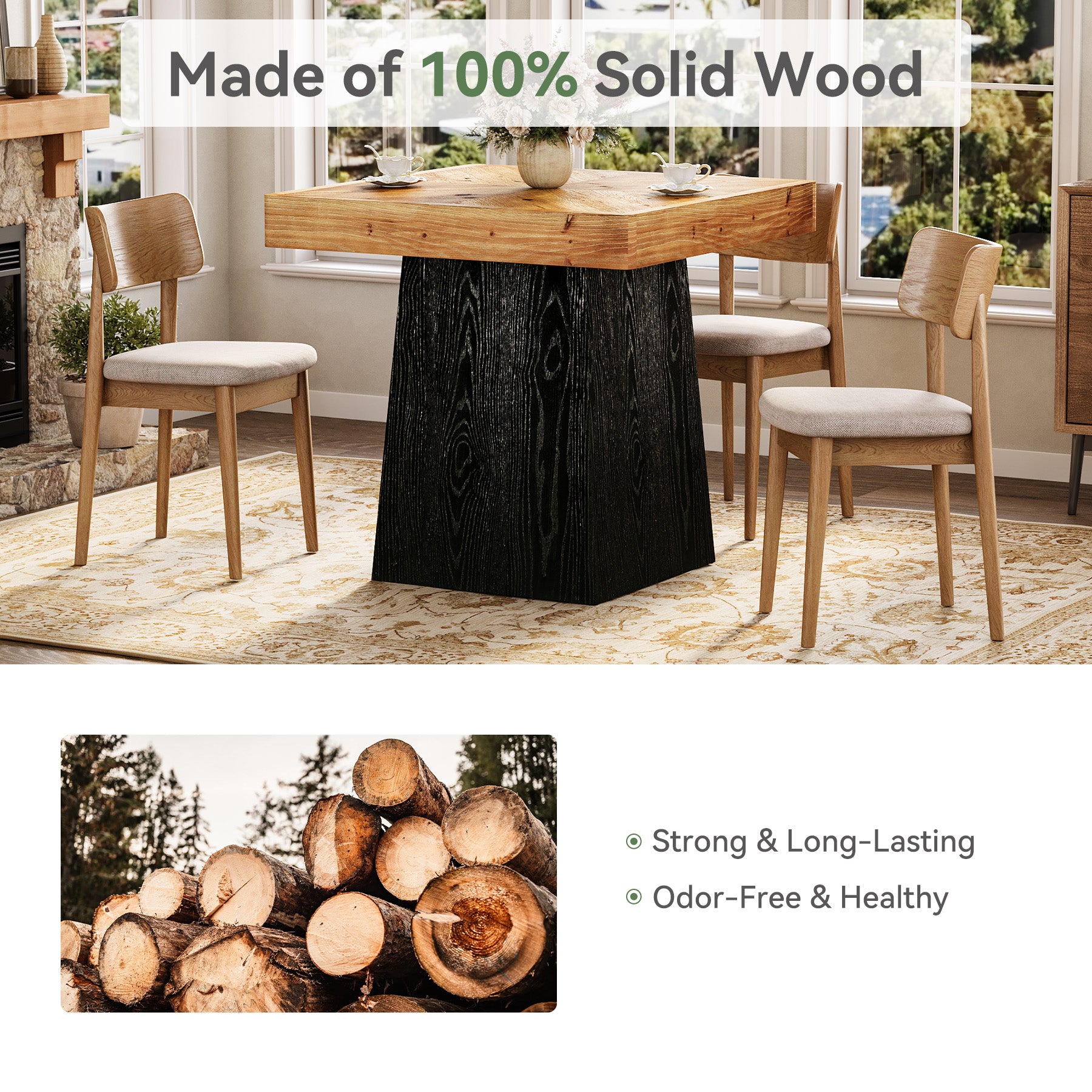 Tribesigns Quadratischer Esstisch aus Massivholz 80 cm für 2–4 Personen, Landhaus Küchentisch mit stabilem Sockel