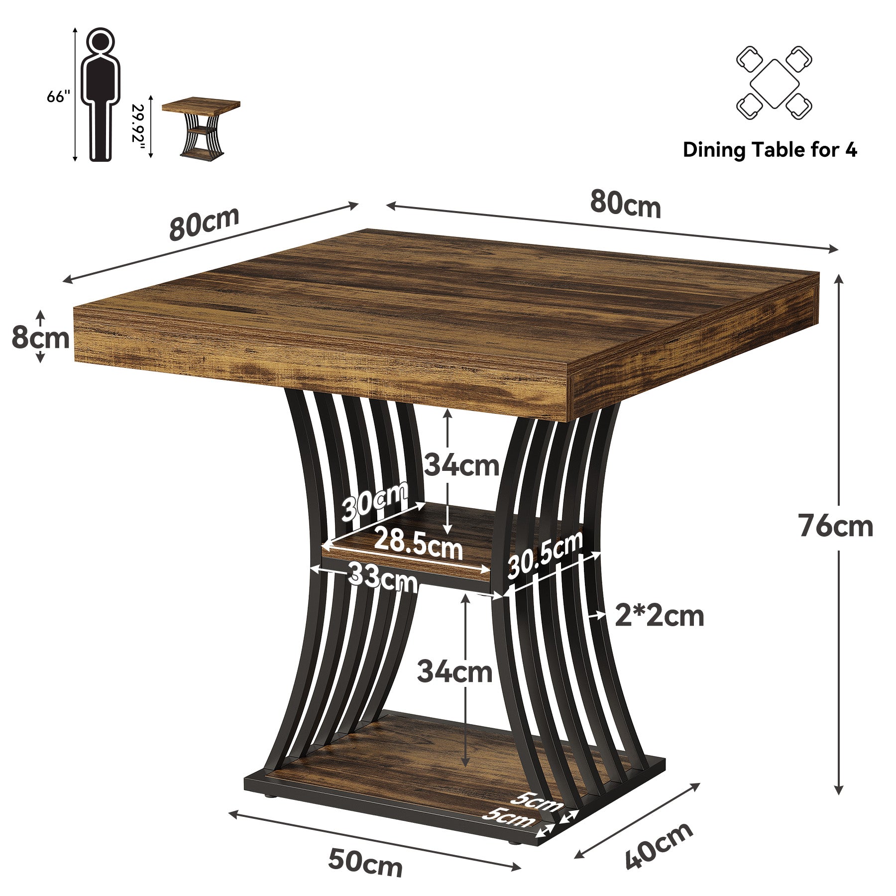 Tribesigns 80 cm Quadratischer Industrial Esstisch für 4 Personen, 2 Ablagefächer, Küchentisch für Wohnzimmer & Esszimmer