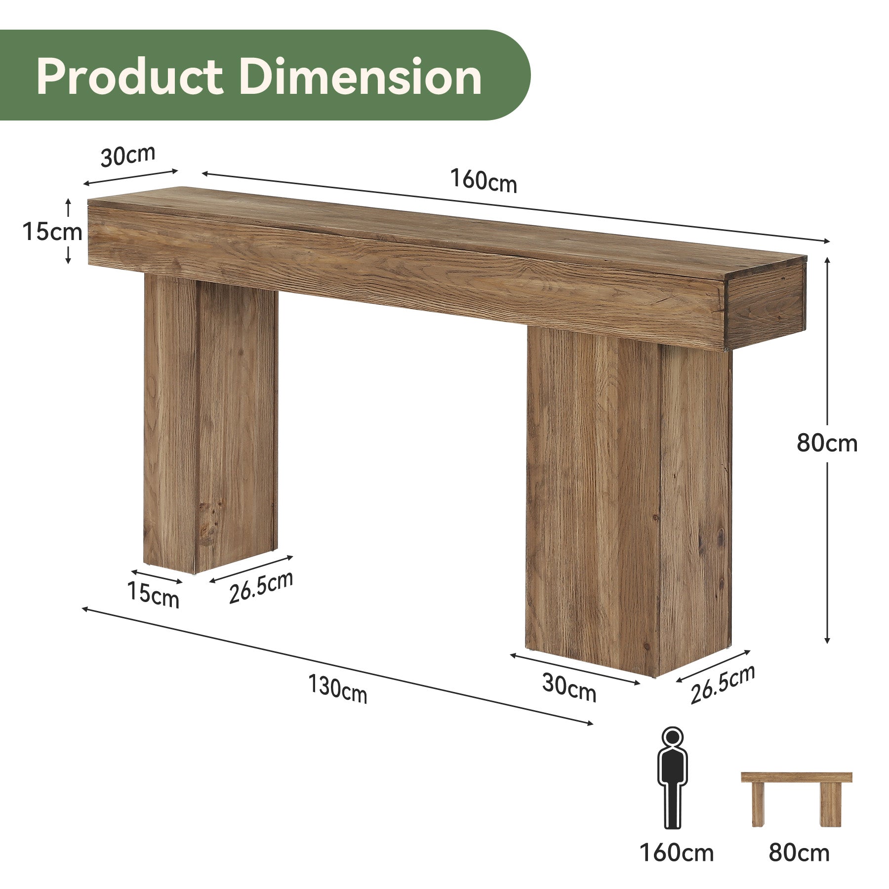160 cm Massivholz Konsolentisch mit Künstlerbeinen, Landhaus Sofa Tisch Hinter Sofa für Flur & Wohnzimmer