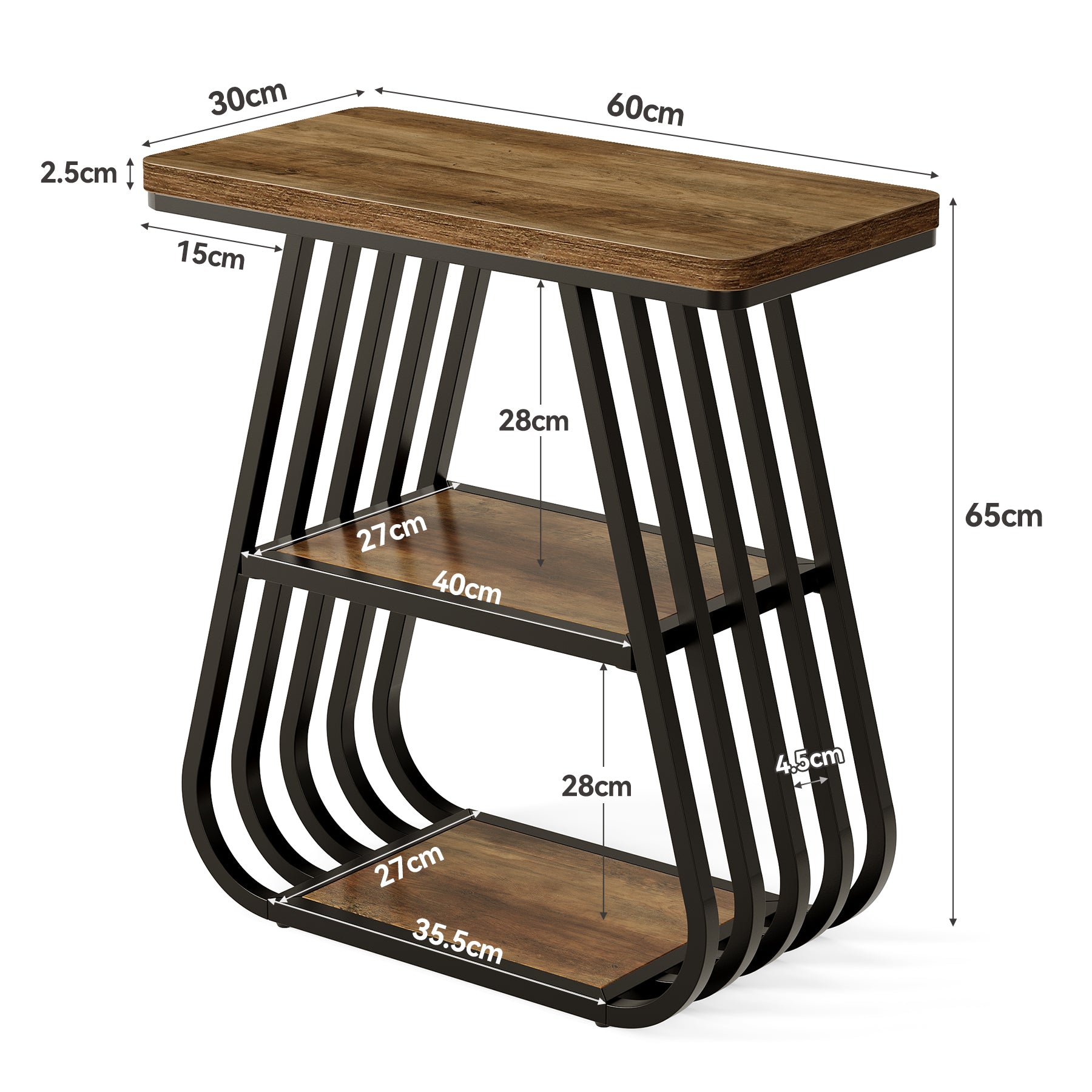 Beistelltisch 3-stufig, schmaler Nachttisch für kleine Räume, Industrie-Sofatisch aus Holz