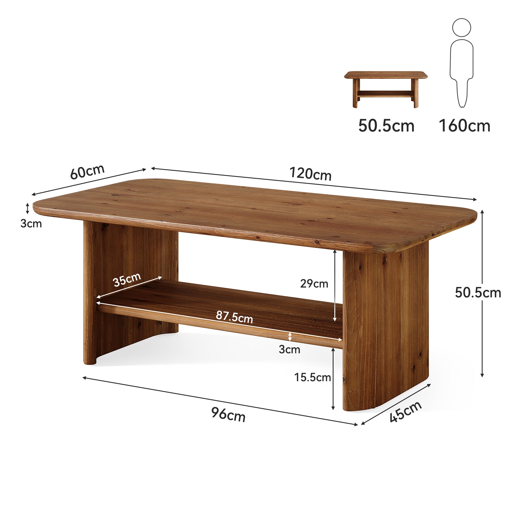 Rechteckiger 120 cm Couchtische aus Massivholz, 2-stöckiger Wohnzimmertisch mit Stauraum