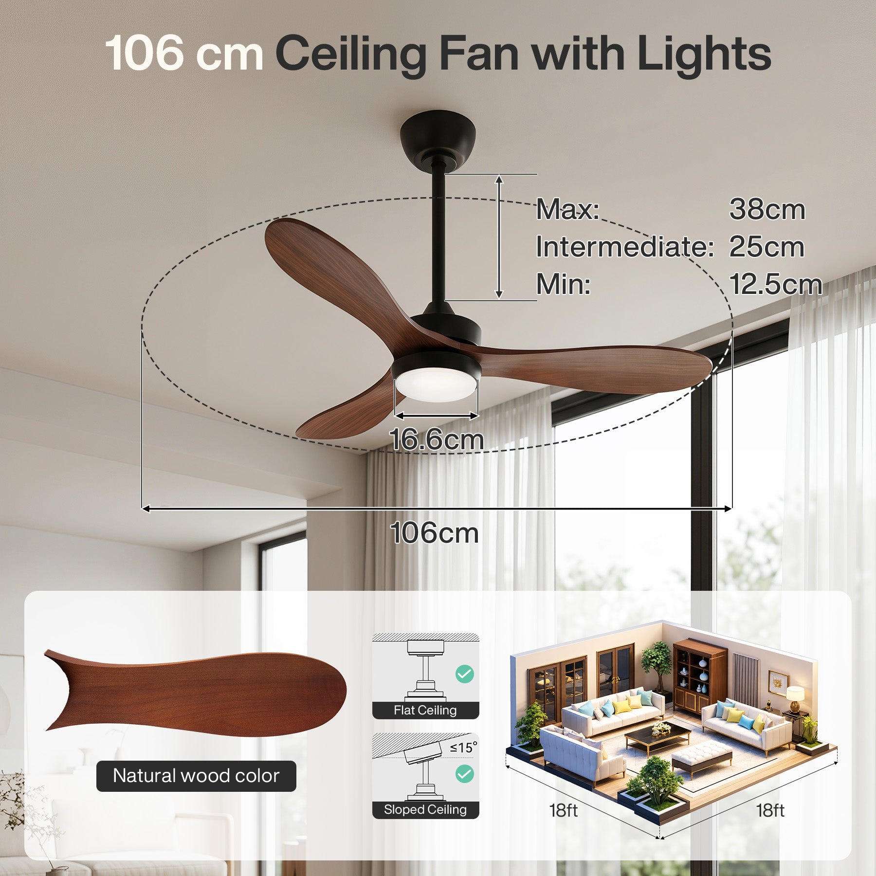 Tribesigns Deckenventilator mit Licht 106 cm, LED Deckenventilator mit Fernbedienung, Reversibler DC-Motor, 6 Geschwindigkeiten