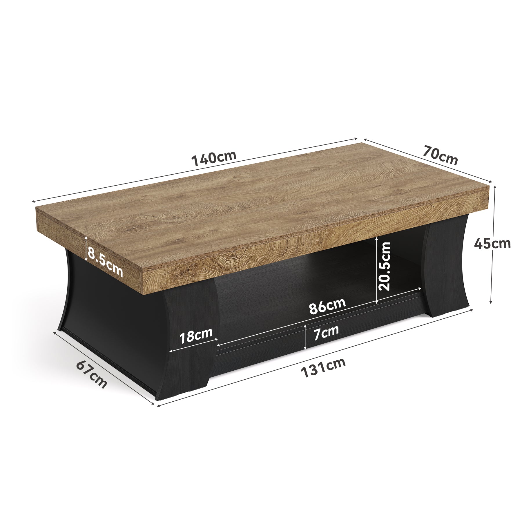 Tribesigns Couchtisch 140 cm mit Ablage, rechteckiger Wohnzimmertisch mit schwarzen Bogenbeinen