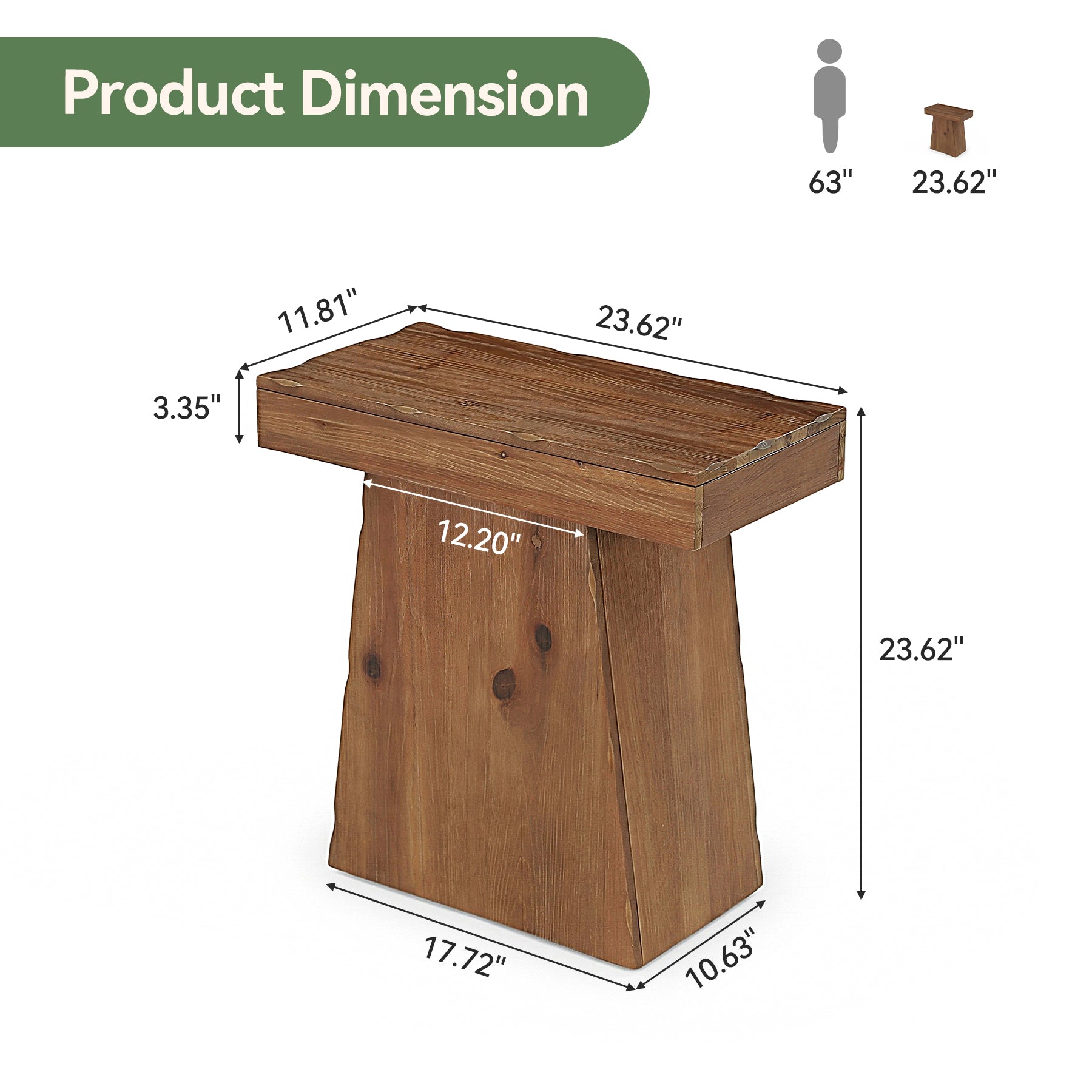 Tribesigns Beistelltisch aus Massivholz 60 cm, Holztisch mit trapezförmigem Standfuß