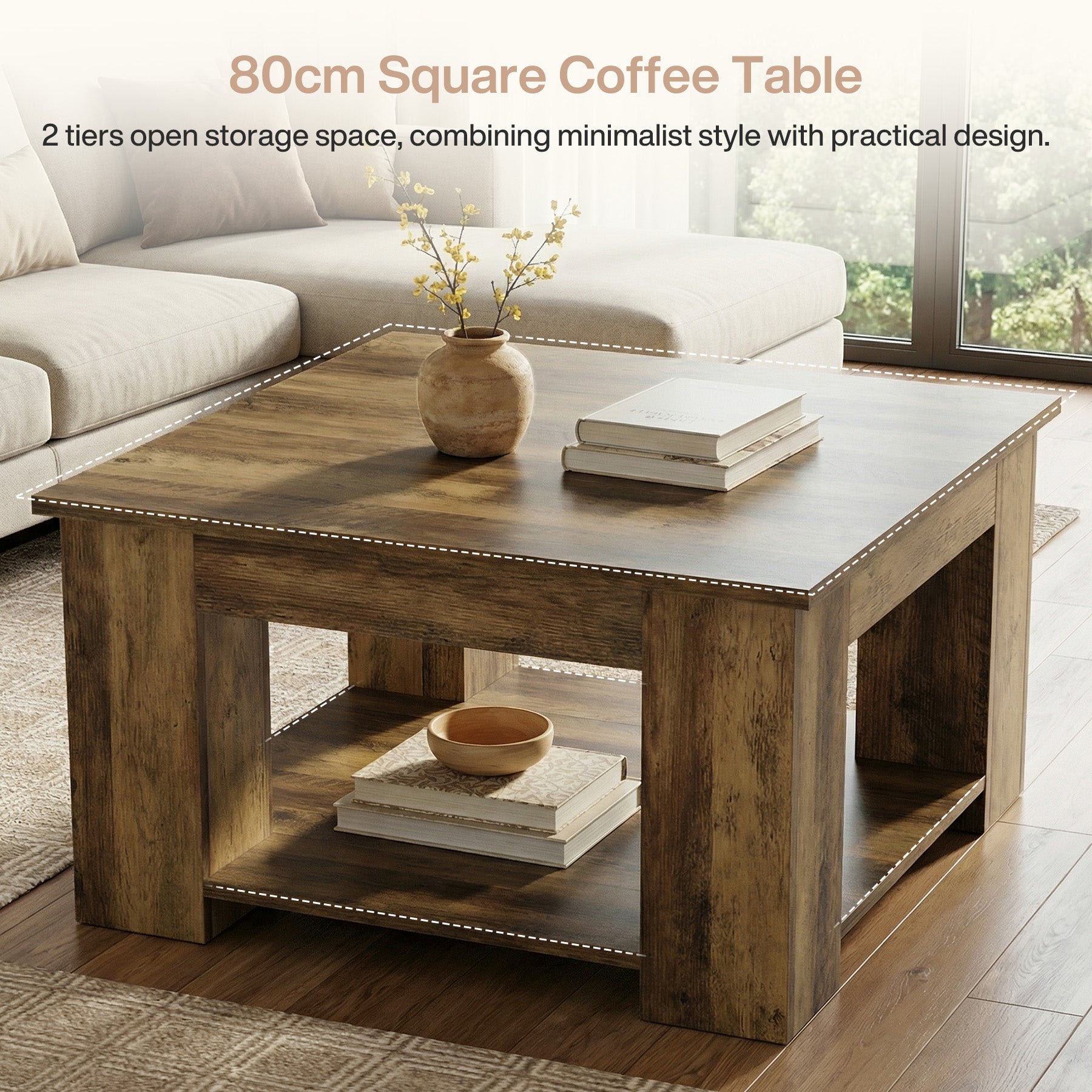 Tribesigns Quadratischer Couchtisch 80 cm, 2 Ebenen Wohnzimmertisch mit Ablage