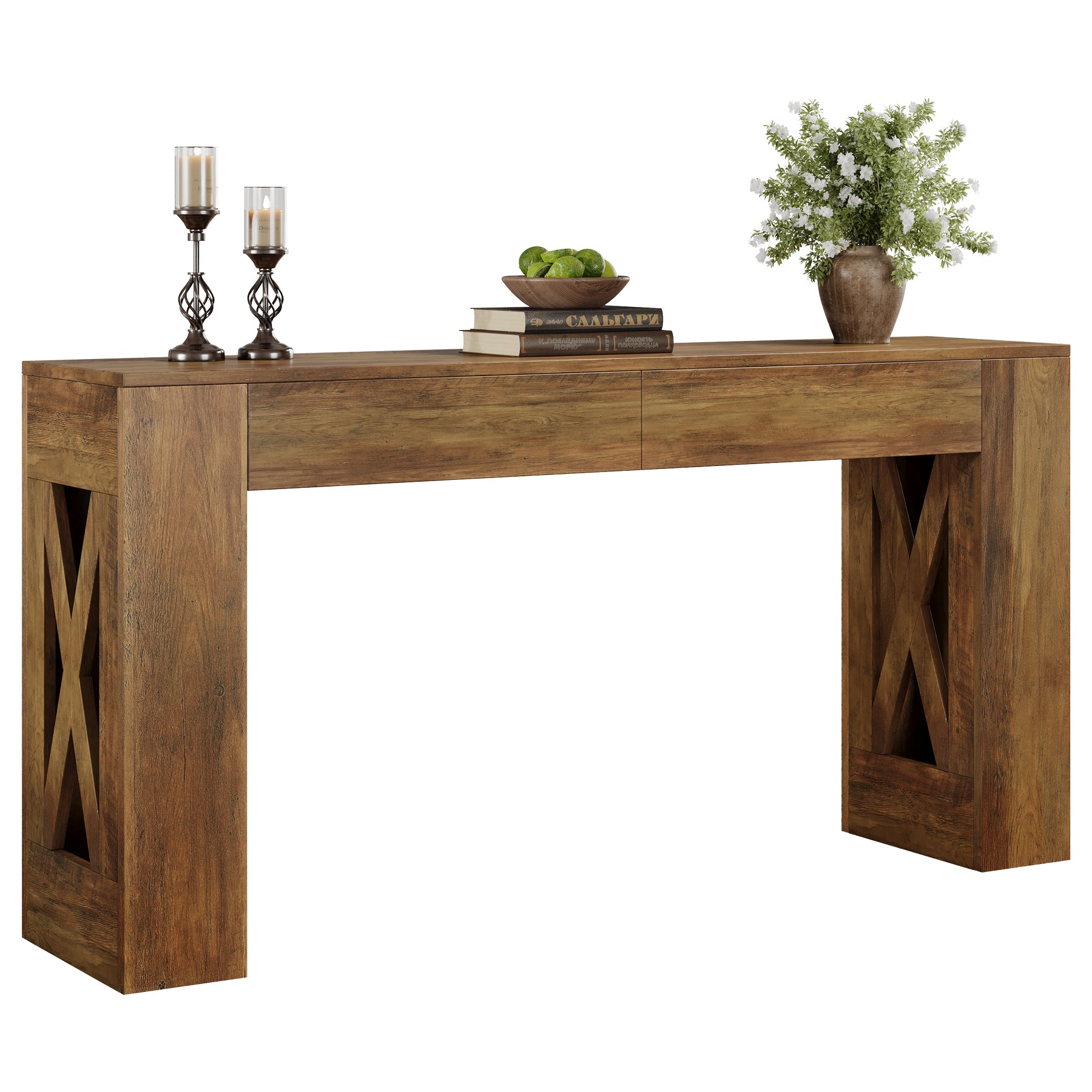 160 cm Landhaus Konsolentisch, Schmaler Flurtisch mit 2 Schubladen und X-Bein Design in Warmbraun