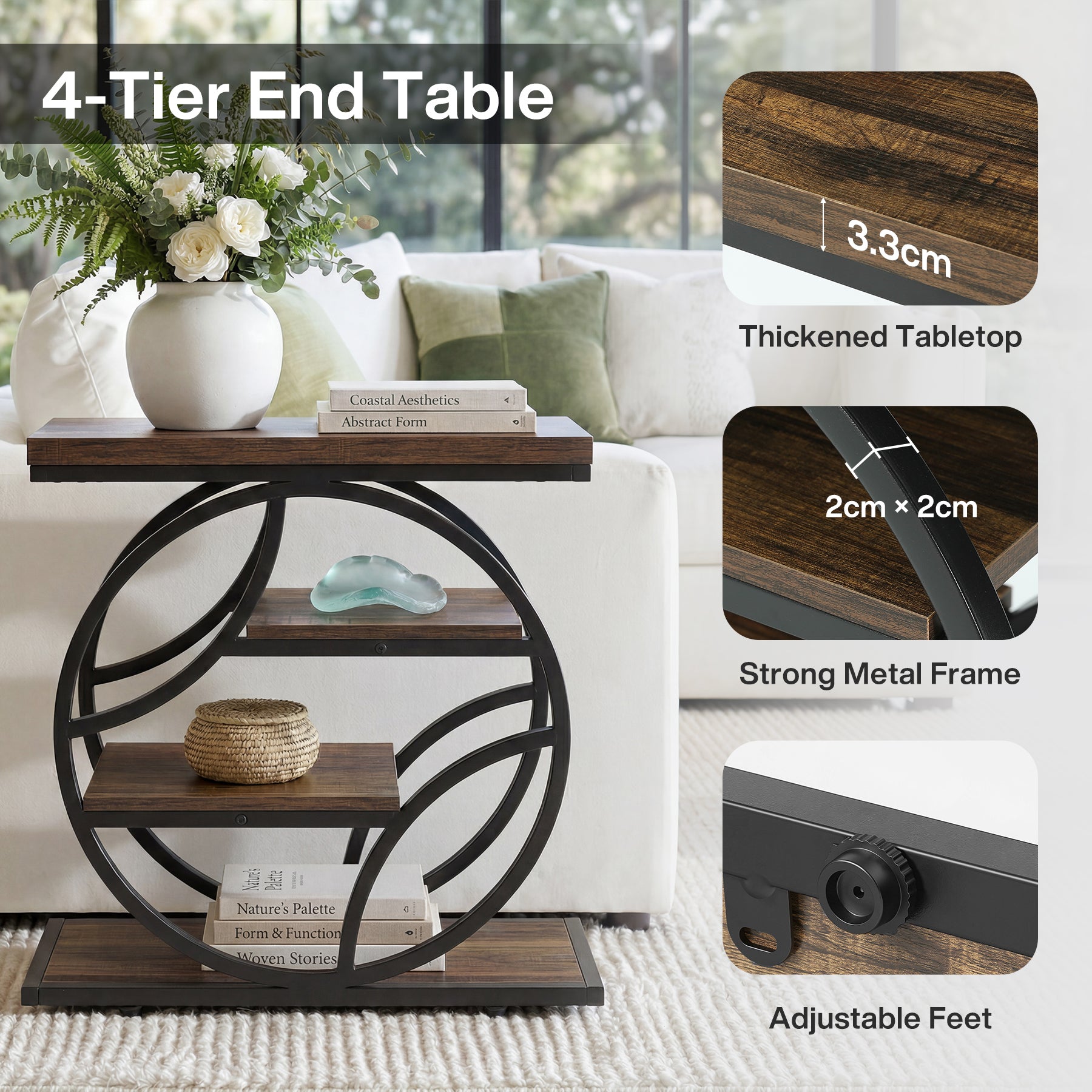 Tribesigns 4-stufiger Beistelltisch, schmaler Sofatisch mit Metallrahmen & Ablagen, industrieller Nachttisch