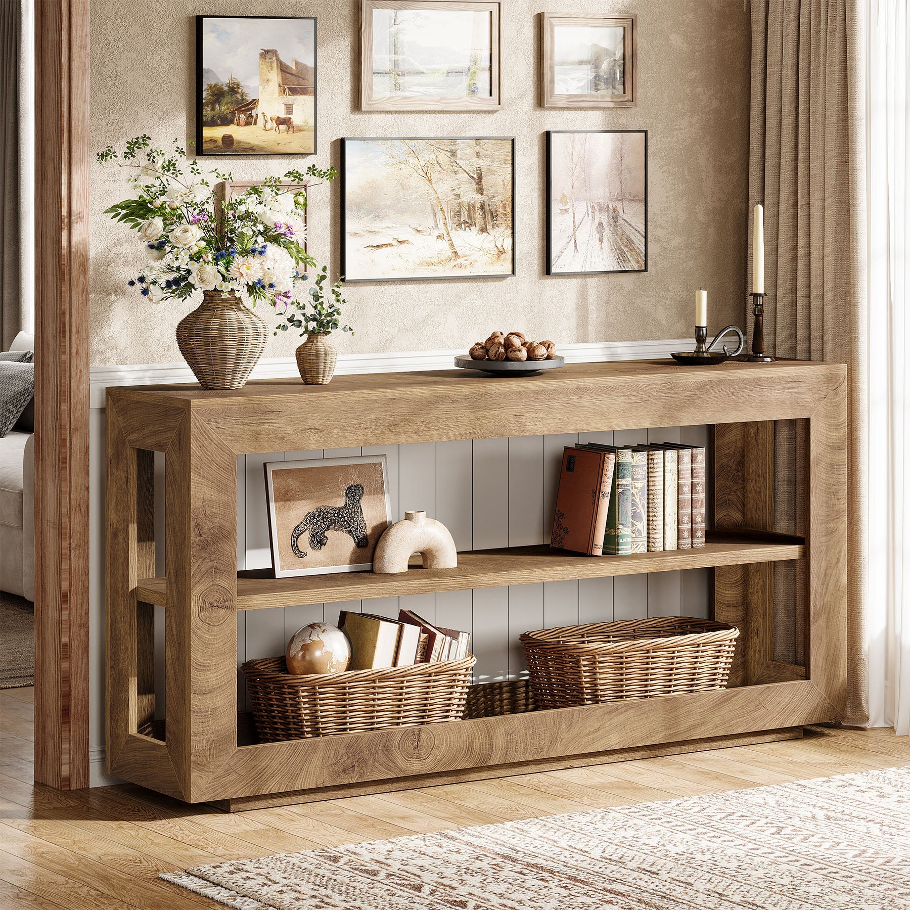 160 cm Konsolentisch, Landhaus-Eingangstisch mit 3-stufigem Ablagefach