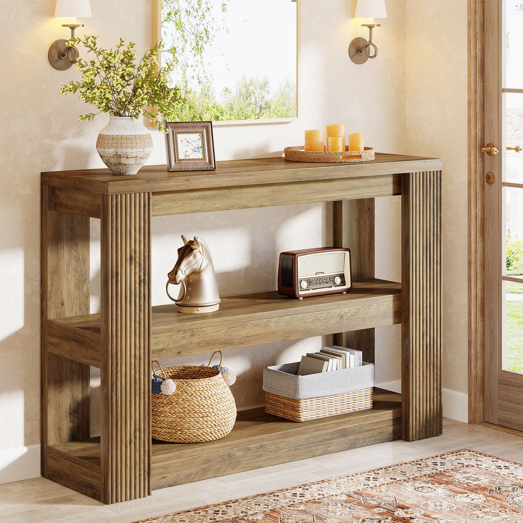 Tribesigns Schmaler Konsolentisch 105 cm – 3-stufiger Landhaus Flurtisch mit Ablagen, Sofatisch für Eingangsbereich & Wohnzimmer