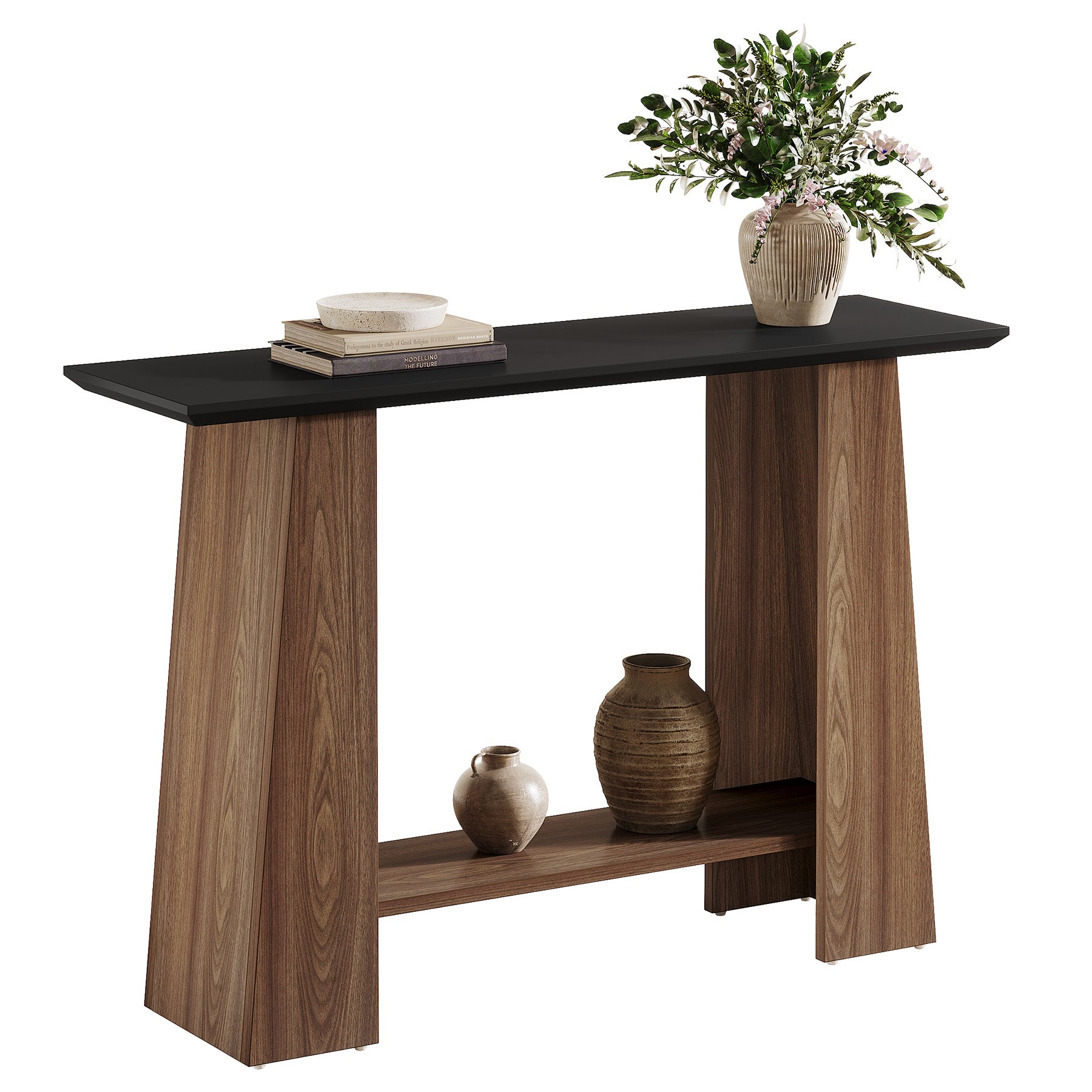 120 cm Konsolentisch, Mid-Century Modern 2-stöckiger Flurtisch in Schwarz und Nussbaum