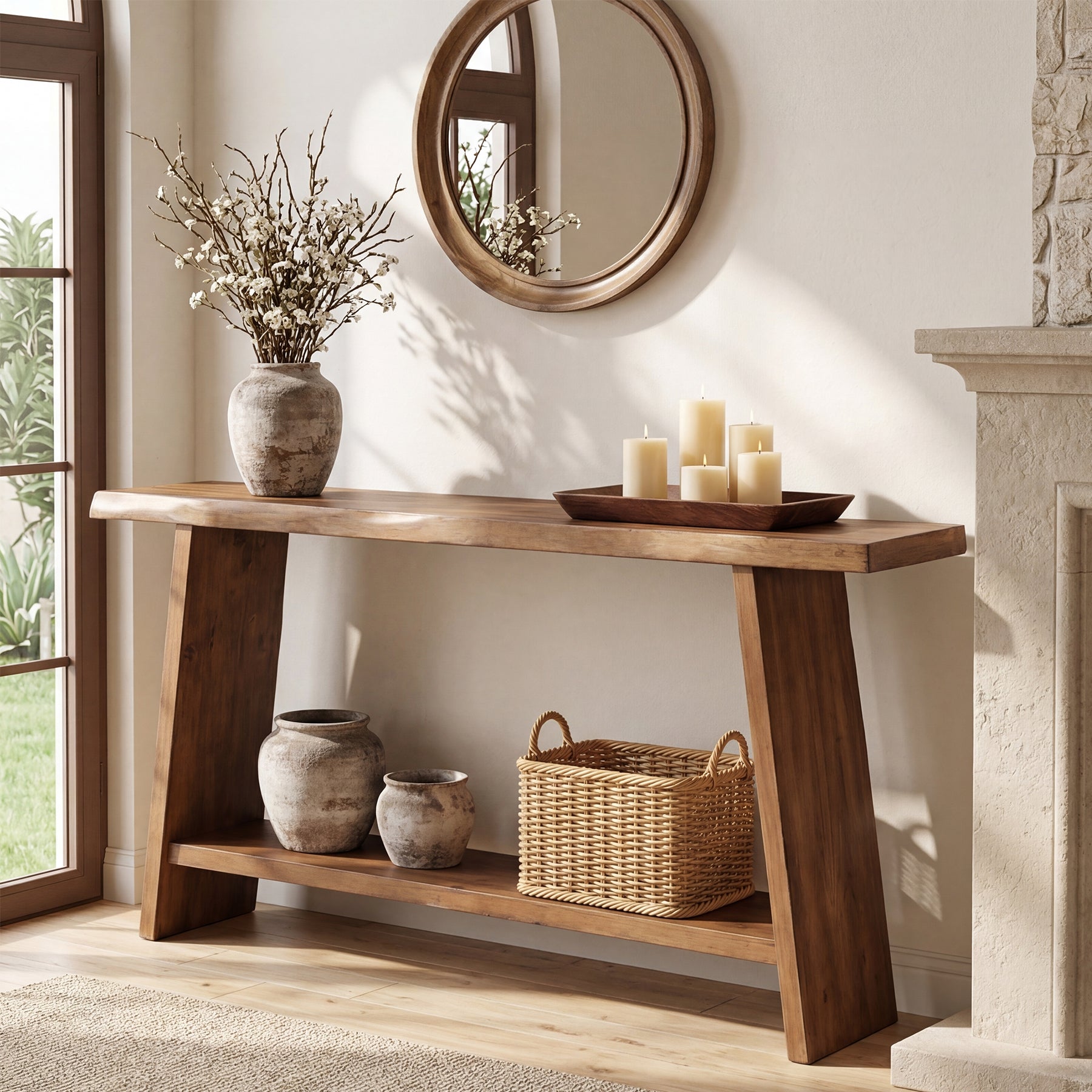 Tribesigns Massivholz Konsolentisch, 160 cm schmaler Flurtisch im Landhausstil mit 2 Ablagen