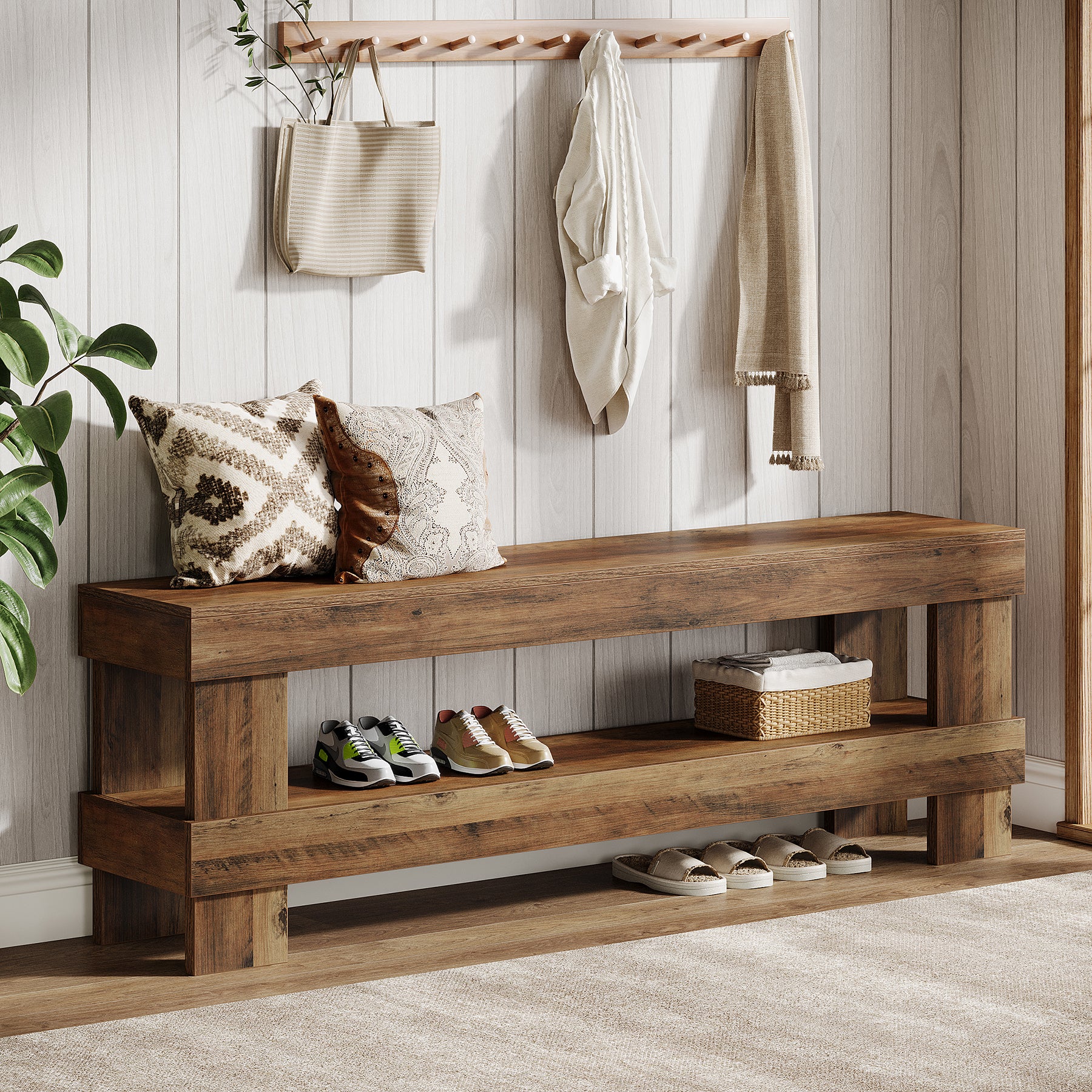 Tribesigns Schuhbank 150 cm im Landhausstil, Flurbank mit offener Ablage für Eingangsbereich & Schlafzimmer