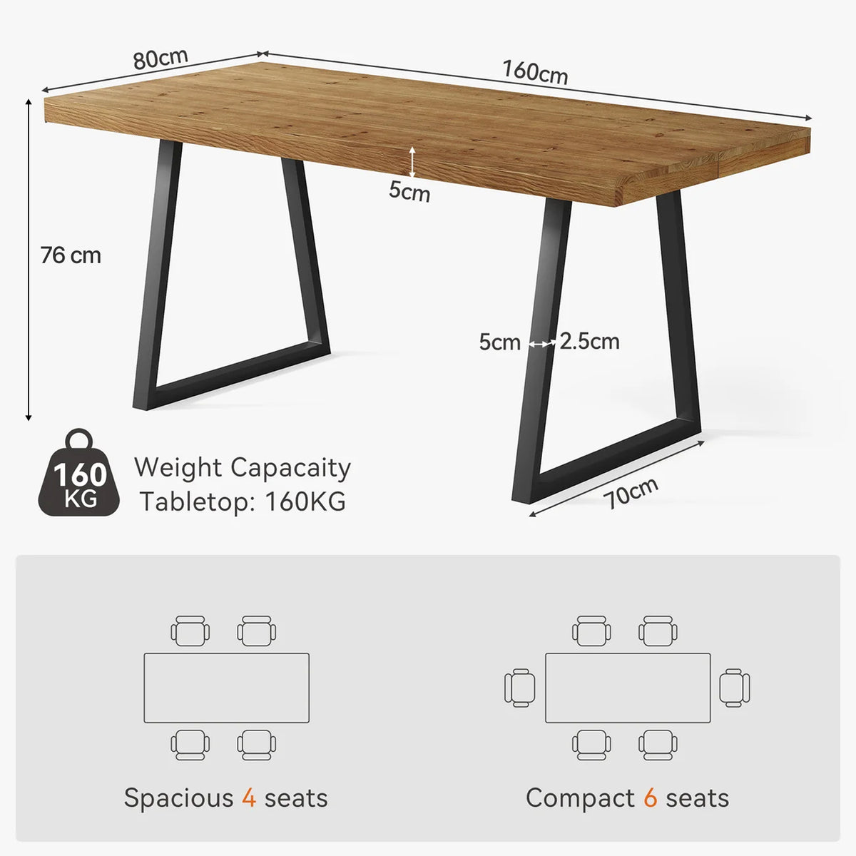 Industrieller Esstisch für 4–6 Personen, 160 cm rechteckiger Massivholz-Küchentisch mit Metallbeinen