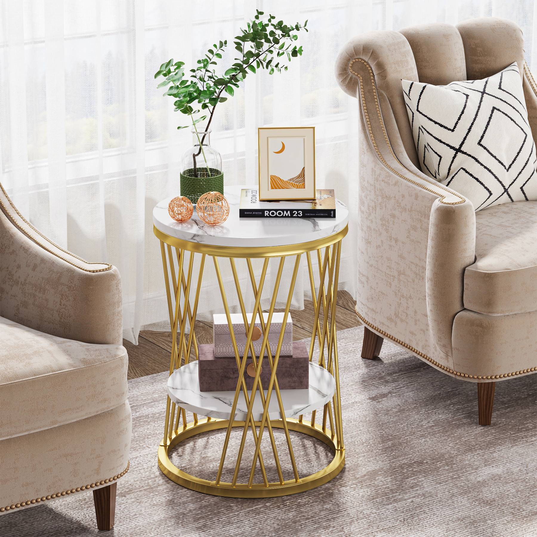 End Table, 2-Tier Round Bedside Table with Faux Marble Shelves Tribesigns