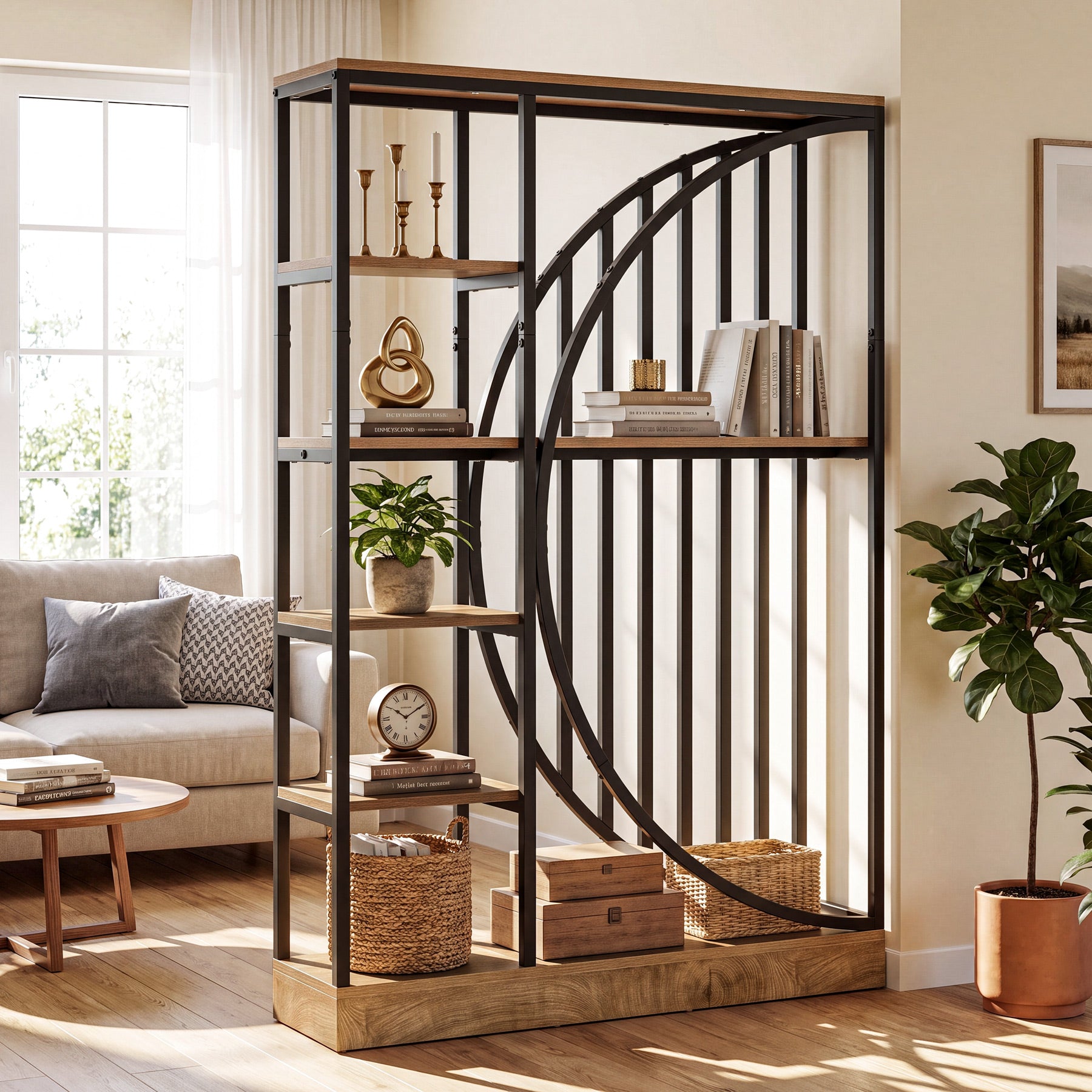 Freistehender Raumteiler 180 cm mit 5 Ablagen, Industriestil mit Kreisdesign