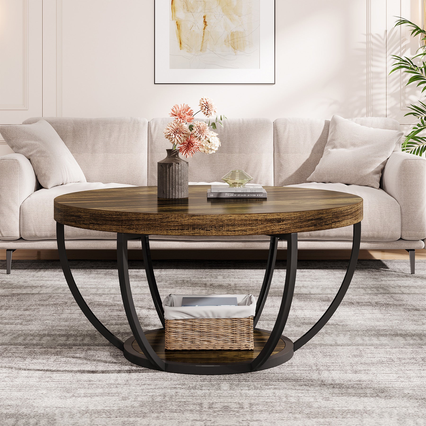 Runder Couchtisch 80 cm mit 2 Ablagen, Industrial Wohnzimmertisch, Moderner Sofatisch mit Stauraum