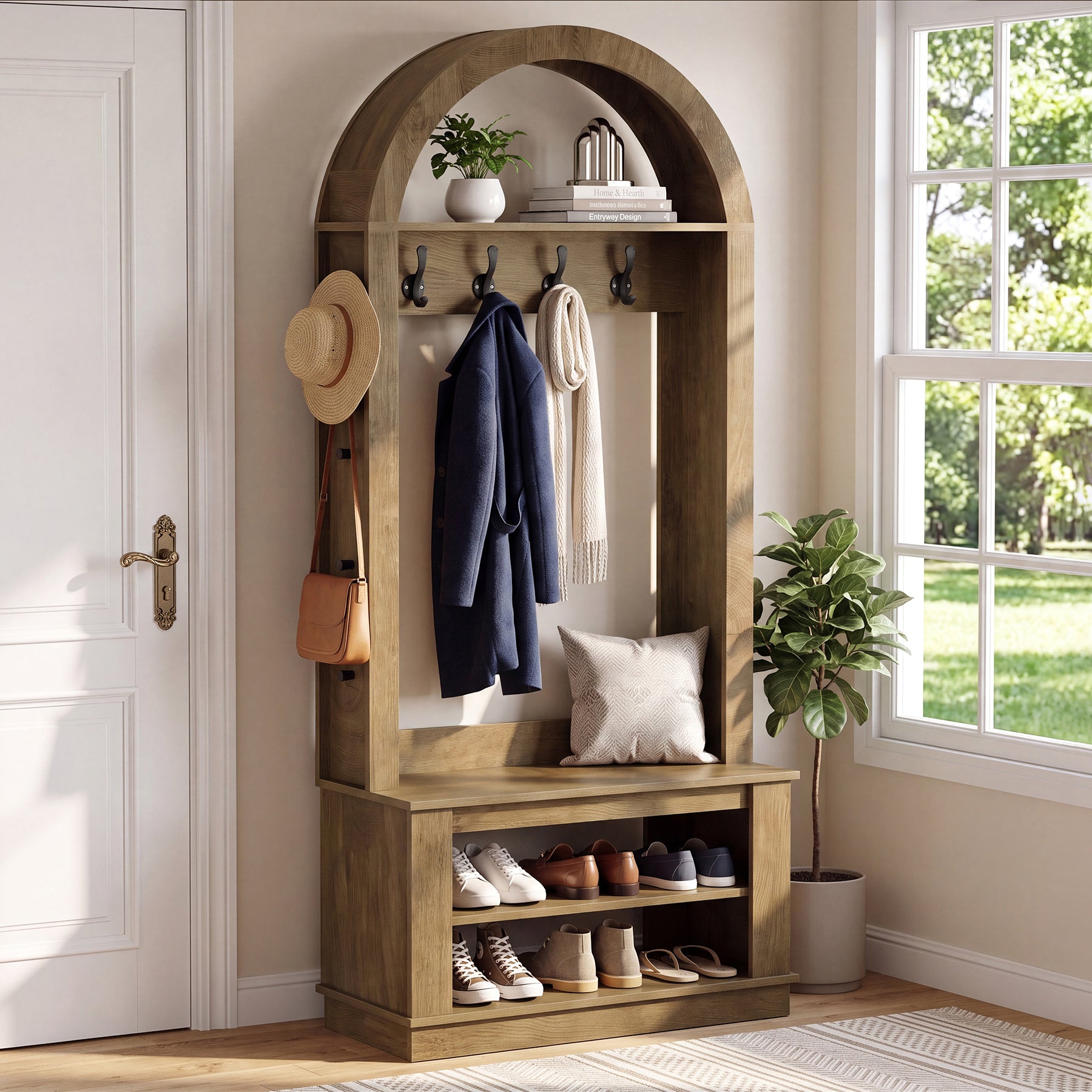 Tribesigns Garderobe mit Sitzbank & Schuhablage, 5-in-1 Flurgarderobe mit 12 Haken, Wandregal & Schuhregal