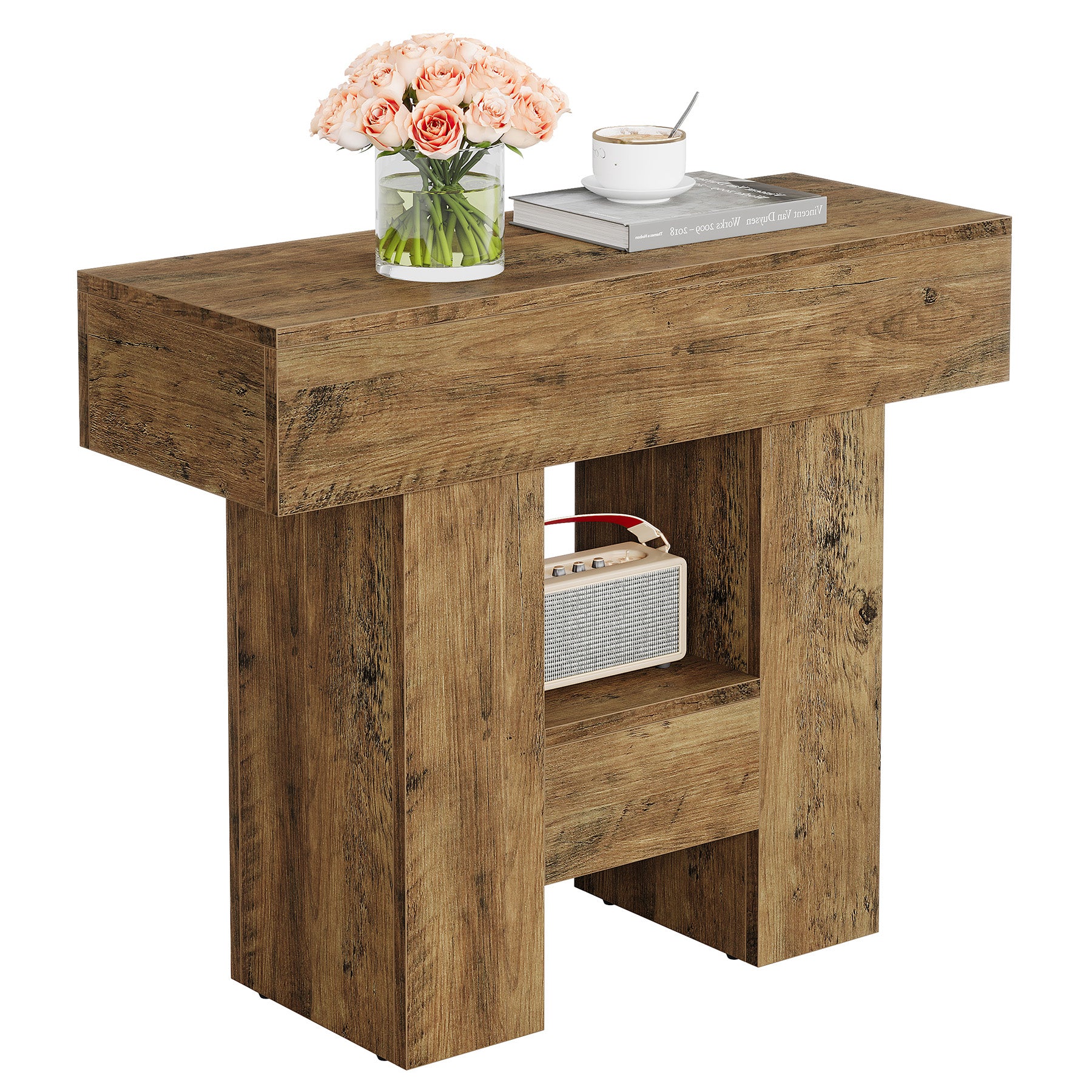 65 cm Schmaler Beistelltisch mit 2 Ebenen, rustikaler Couchtisch & Nachttisch aus Holz für Wohnzimmer