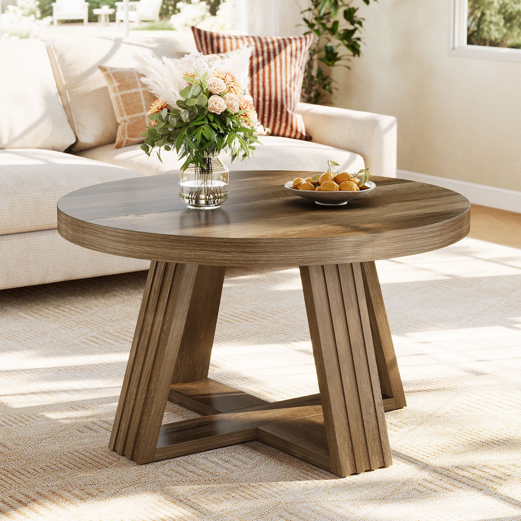Tribesigns Runder Couchtisch 80 cm im Landhausstil, Wohnzimmertisch mit Holzmaserung & Kreuzgestell