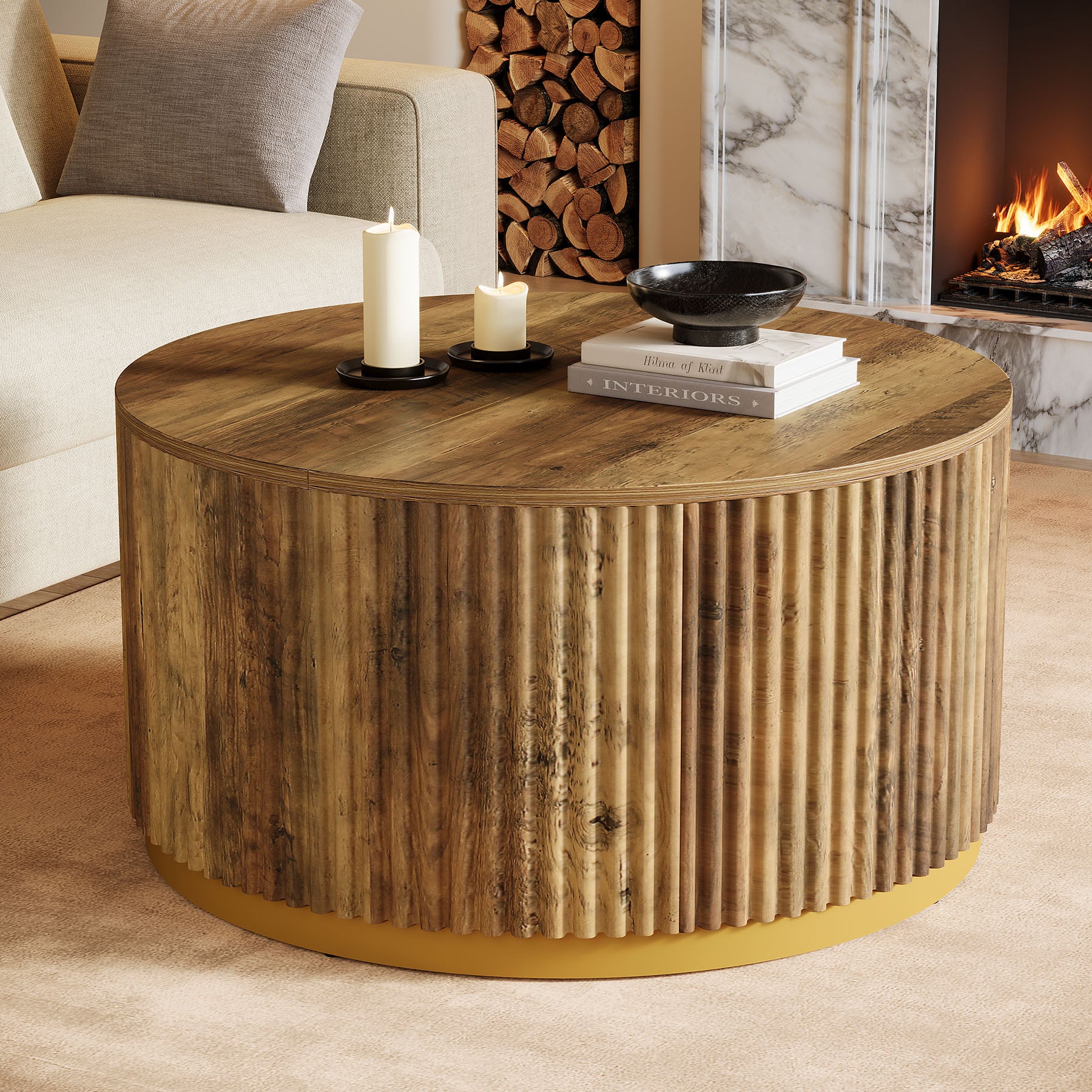 Runder Couchtisch 80 cm mit geriffeltem Design, Wohnzimmertisch mit stabiler Trommelbasis
