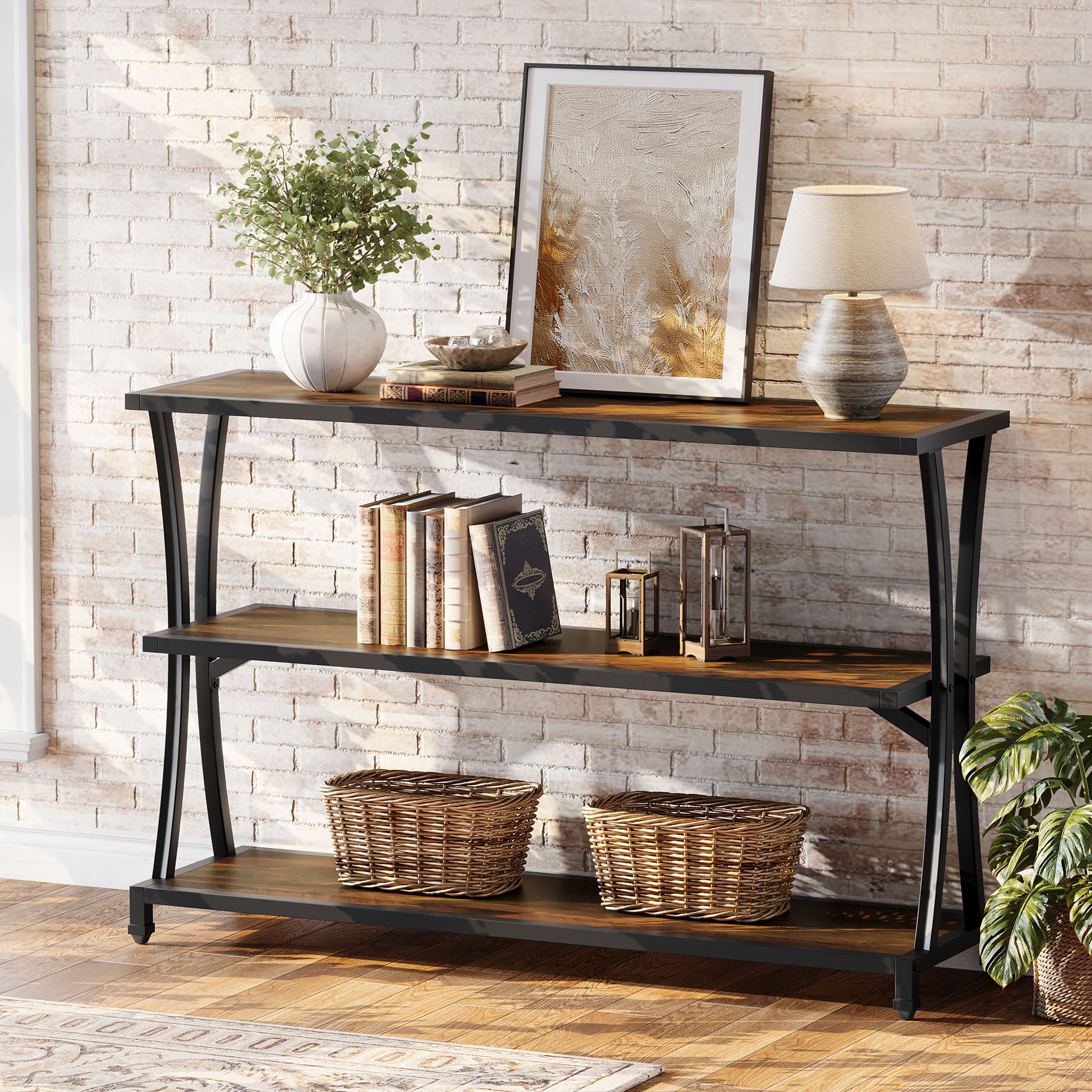 Schmaler Konsolentisch im Industrial-Stil mit 3 Ablagen, Flur- und Sofatisch in Holzoptik mit stabilem Metallrahmen