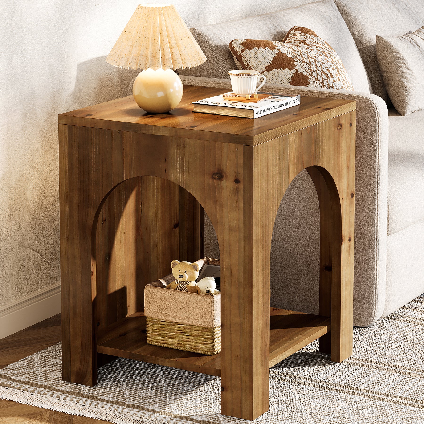 Tribesigns Beistelltisch im Landhausstil mit Rundbogen-Design, 2-stufiger Nachttisch mit Ablage