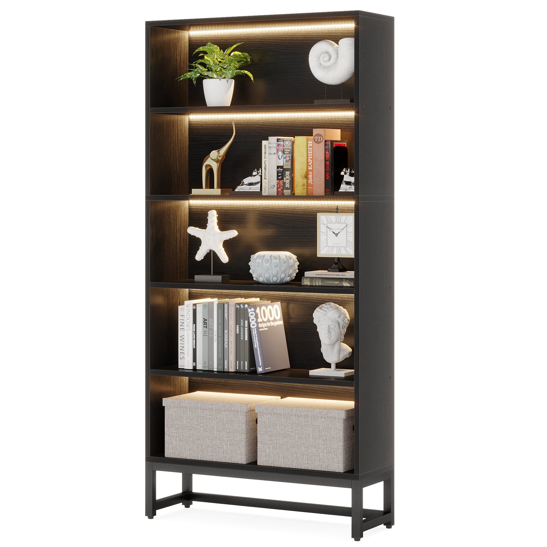 Tribesigns Bücherregal mit LED Beleuchtung, 180 cm Hohes Schwarzes Standregal mit 5 Ebenen