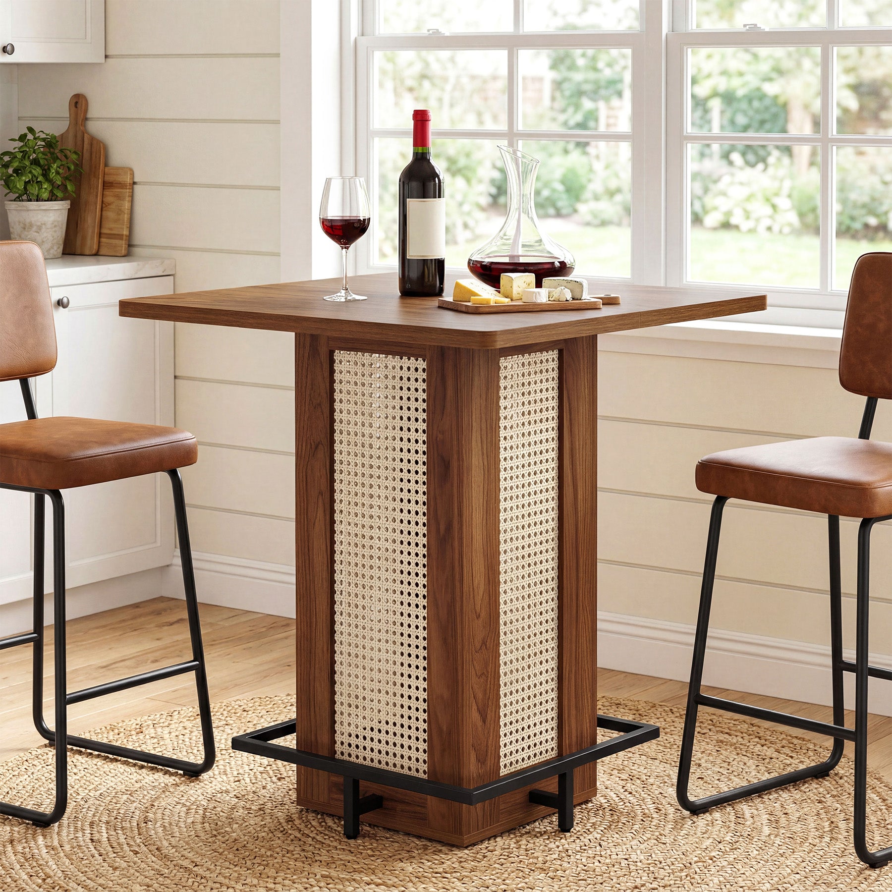 Tribesigns Quadratischer Bartisch im Landhausstil, kompakter Stehtisch mit Rattan-Optik & Metall-Fußstütze