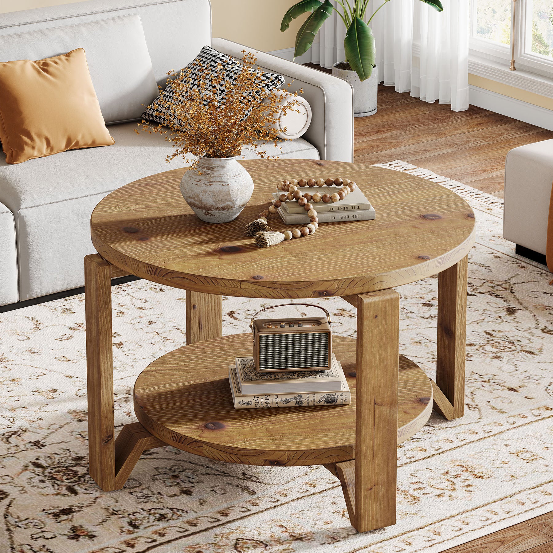 80 cm Sofatisch aus Massivholz, runder Tisch mit zwei Ebenen und strukturiertem Trommelfuß