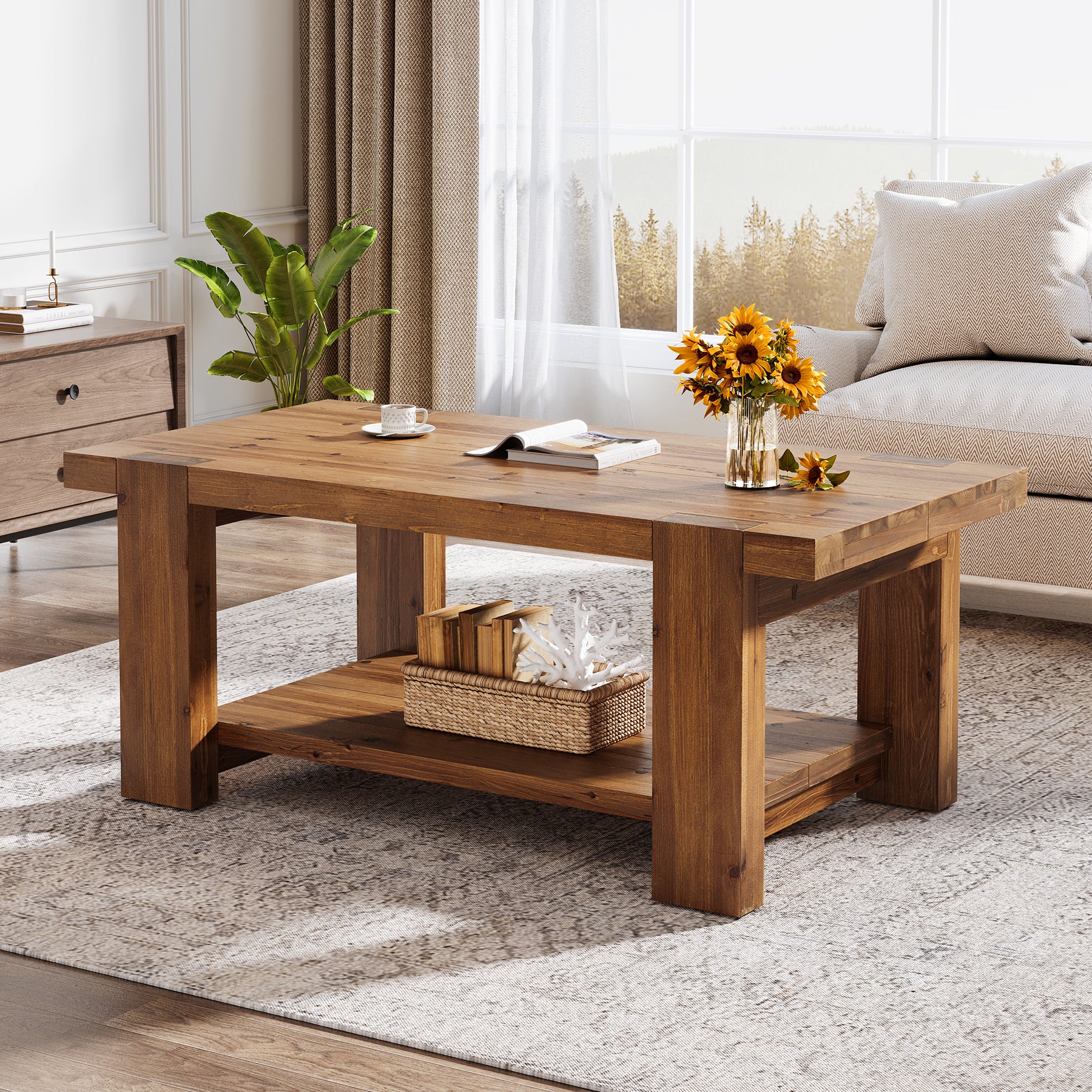 Tribesigns Massivholz Couchtisch 120 cm, Rechteckiger Wohnzimmertisch mit Ablage