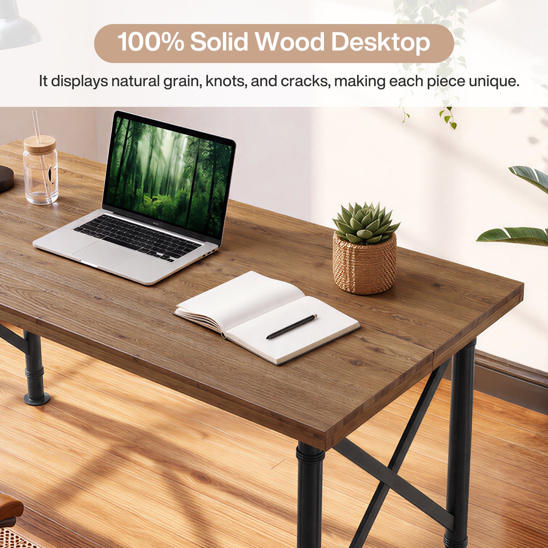 Massivholz Schreibtisch 160 × 80 cm, Computertisch mit X-Metallbeinen für Homeoffice