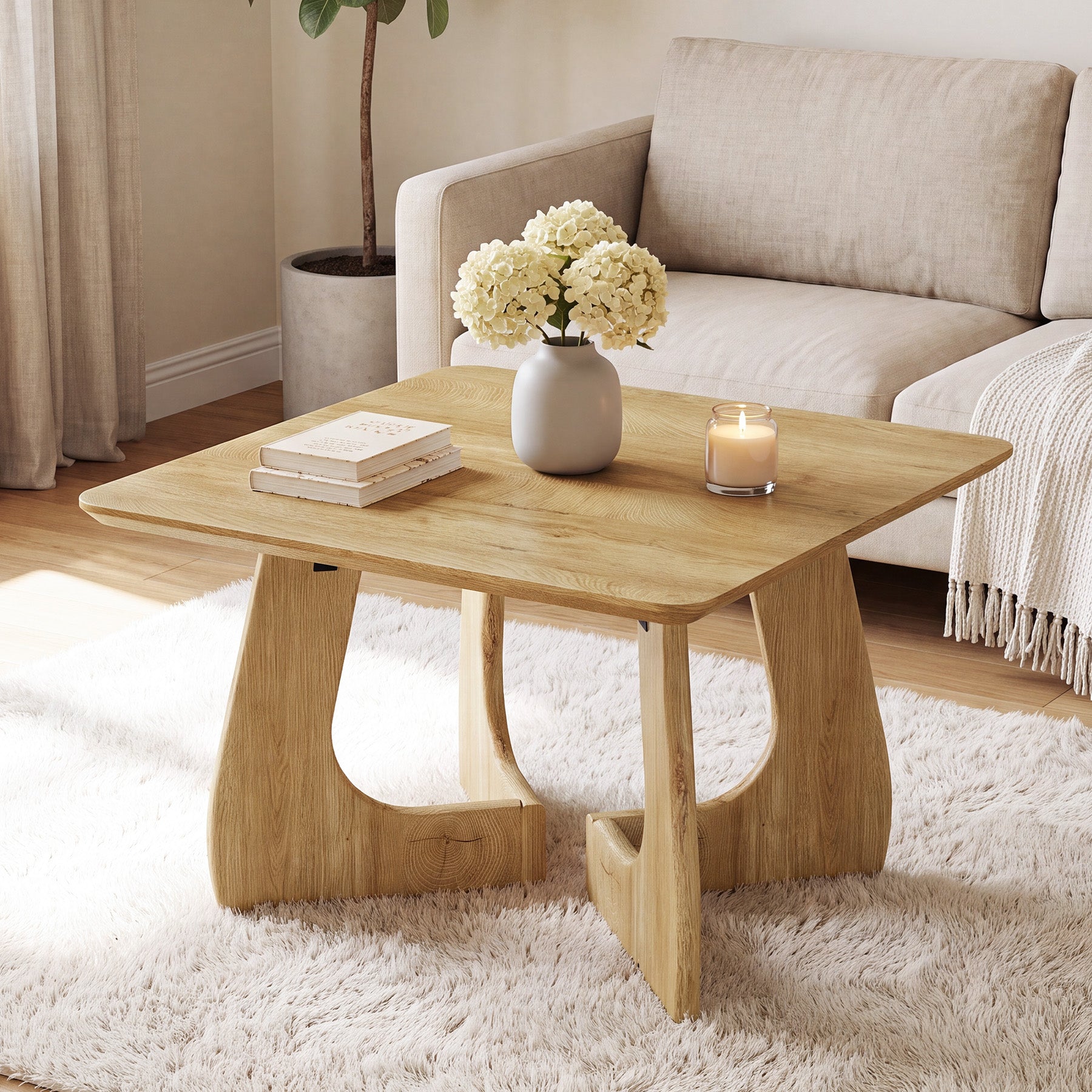 Tribesigns Quadratischer Couchtisch 80 cm, Moderner Wohnzimmertisch mit skulpturalem Holzgestell
