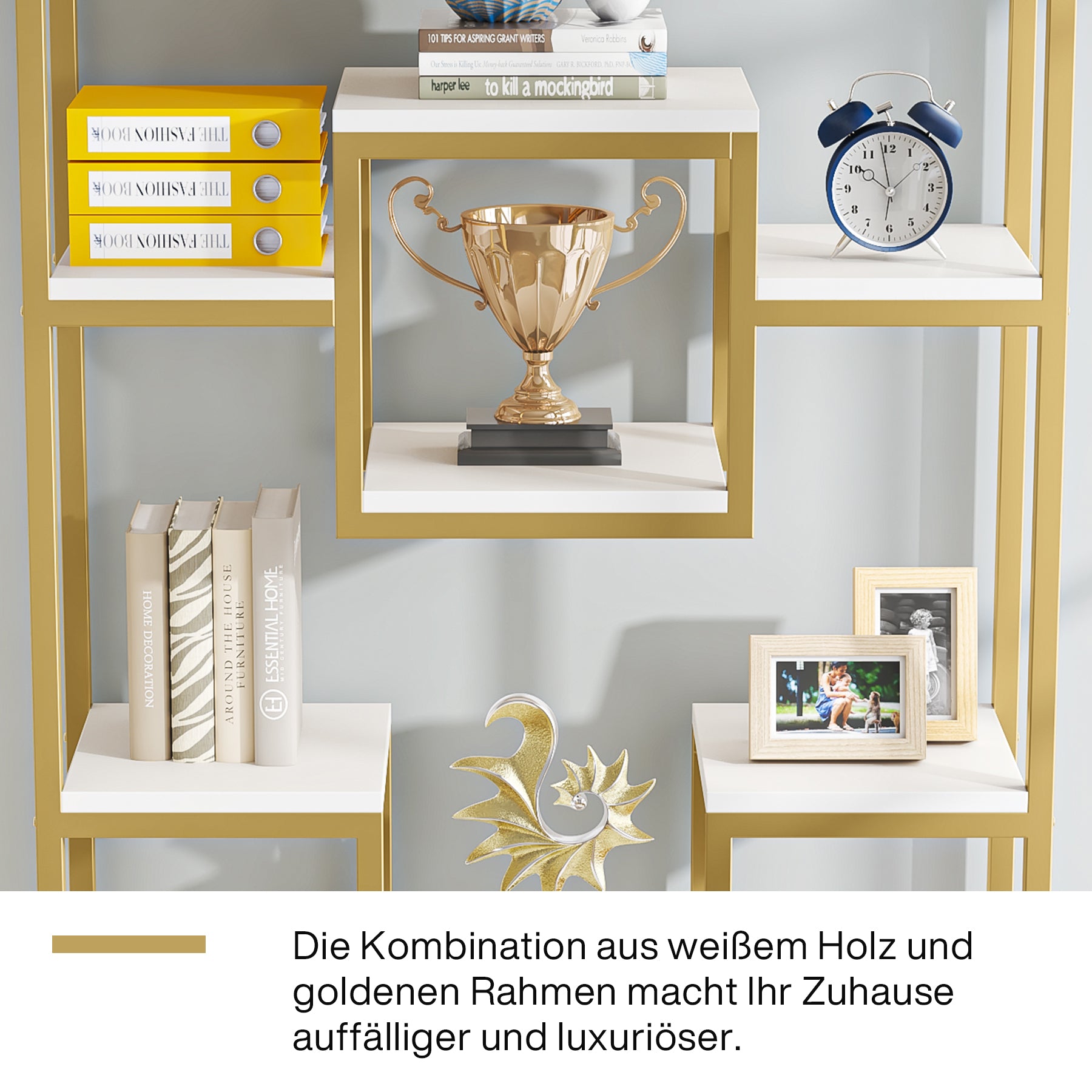Goldenes Bücherregal - Modernes freistehendes Bücherregal mit 11 offenen Regalen