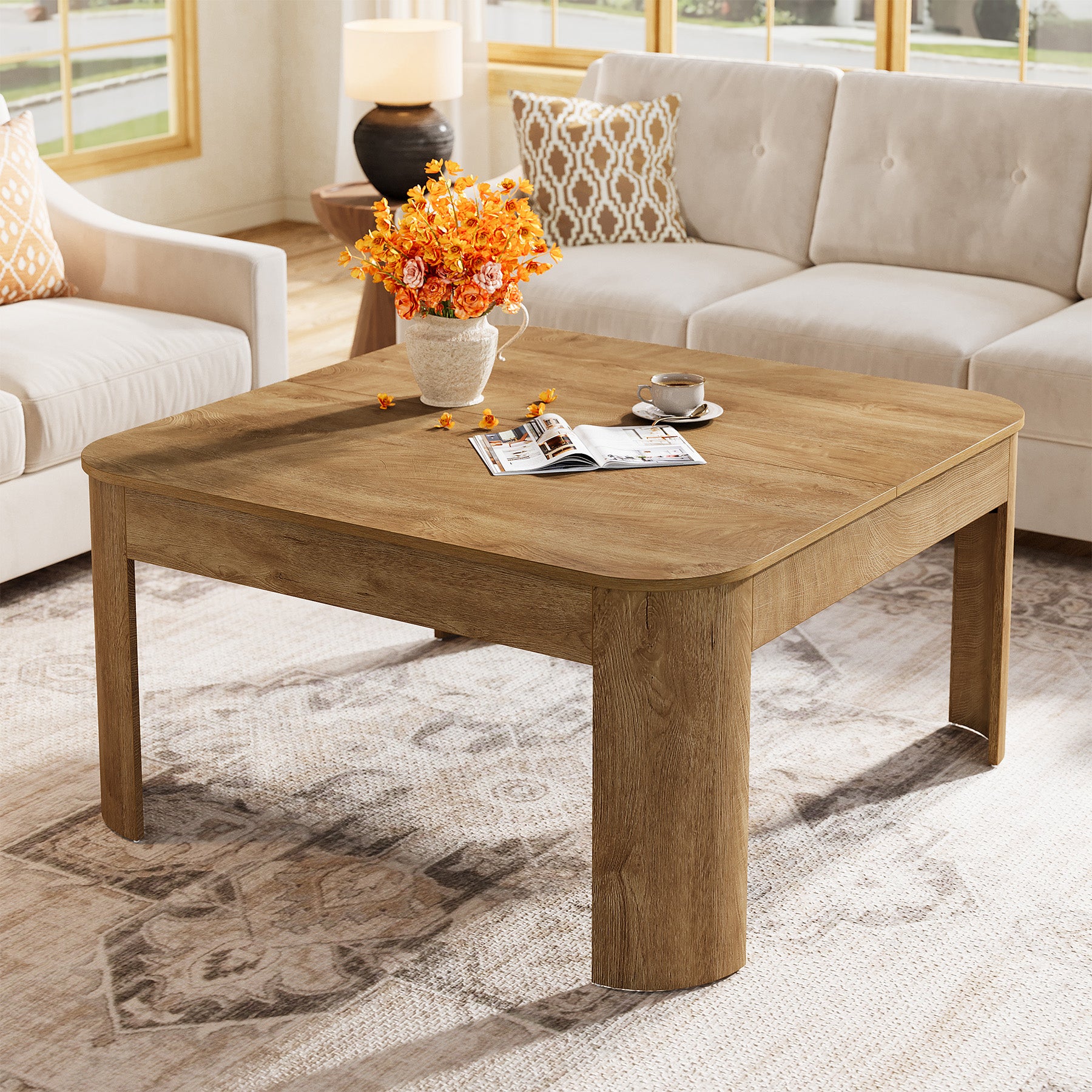 Quadratischer Couchtisch 100 cm im Landhausstil, Wohnzimmertisch mit stabilen geschwungenen Beinen