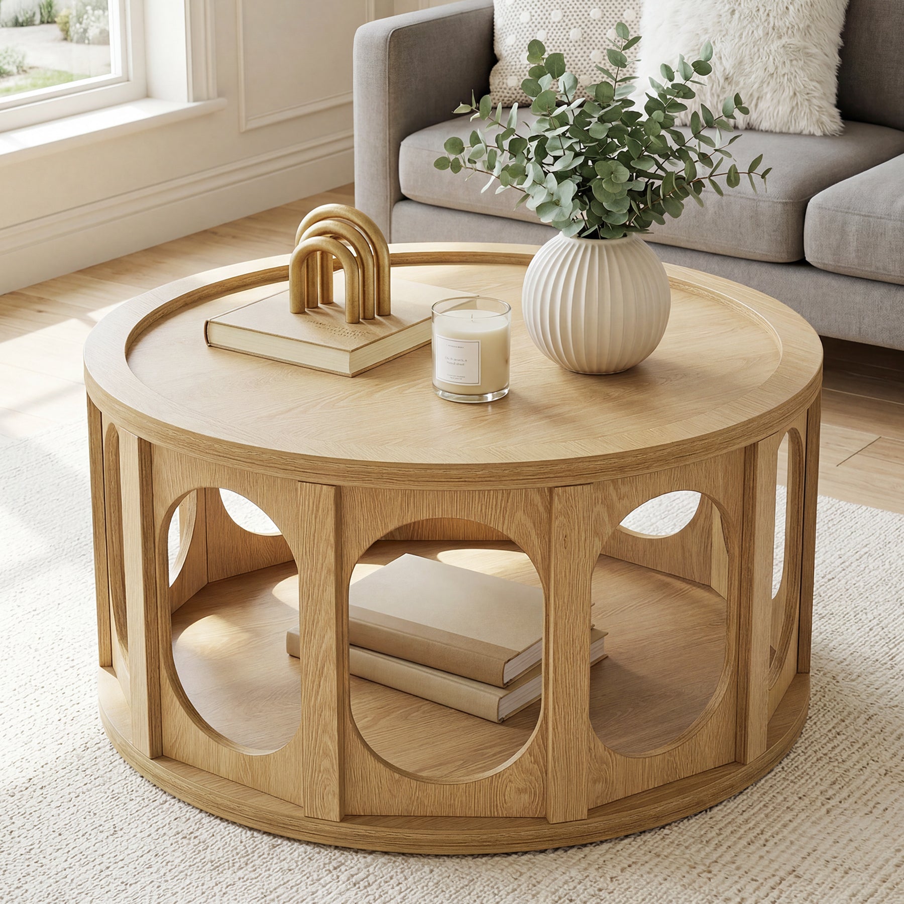 Tribesigns Runder Couchtisch mit Katzenhöhle 80 cm, 2-stufiger Wohnzimmertisch mit Stauraum