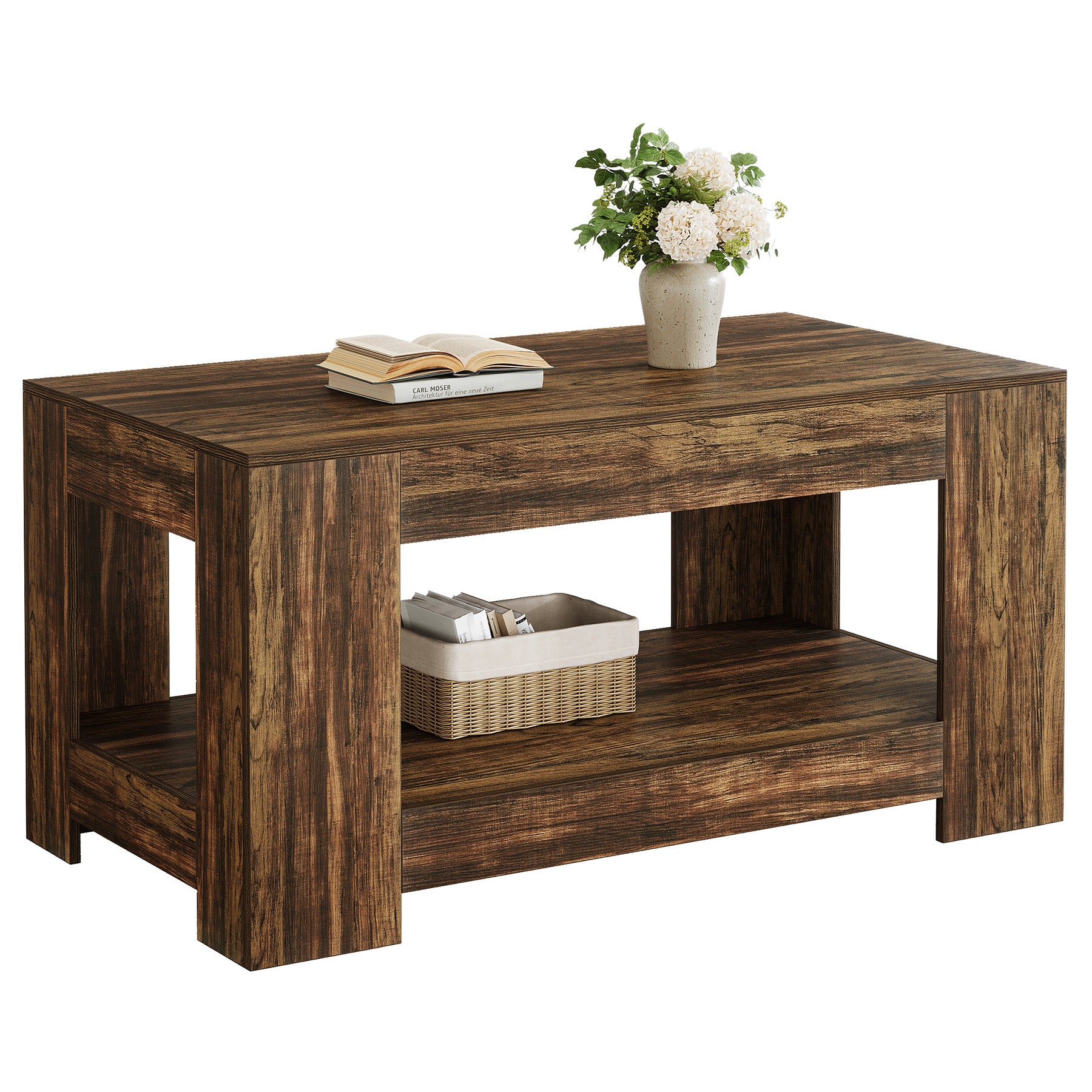 120 cm Rustikaler Couchtisch mit 2 Ebenen - Landhaus-Wohnzimmertisch mit Stauraum & einfacher Montage