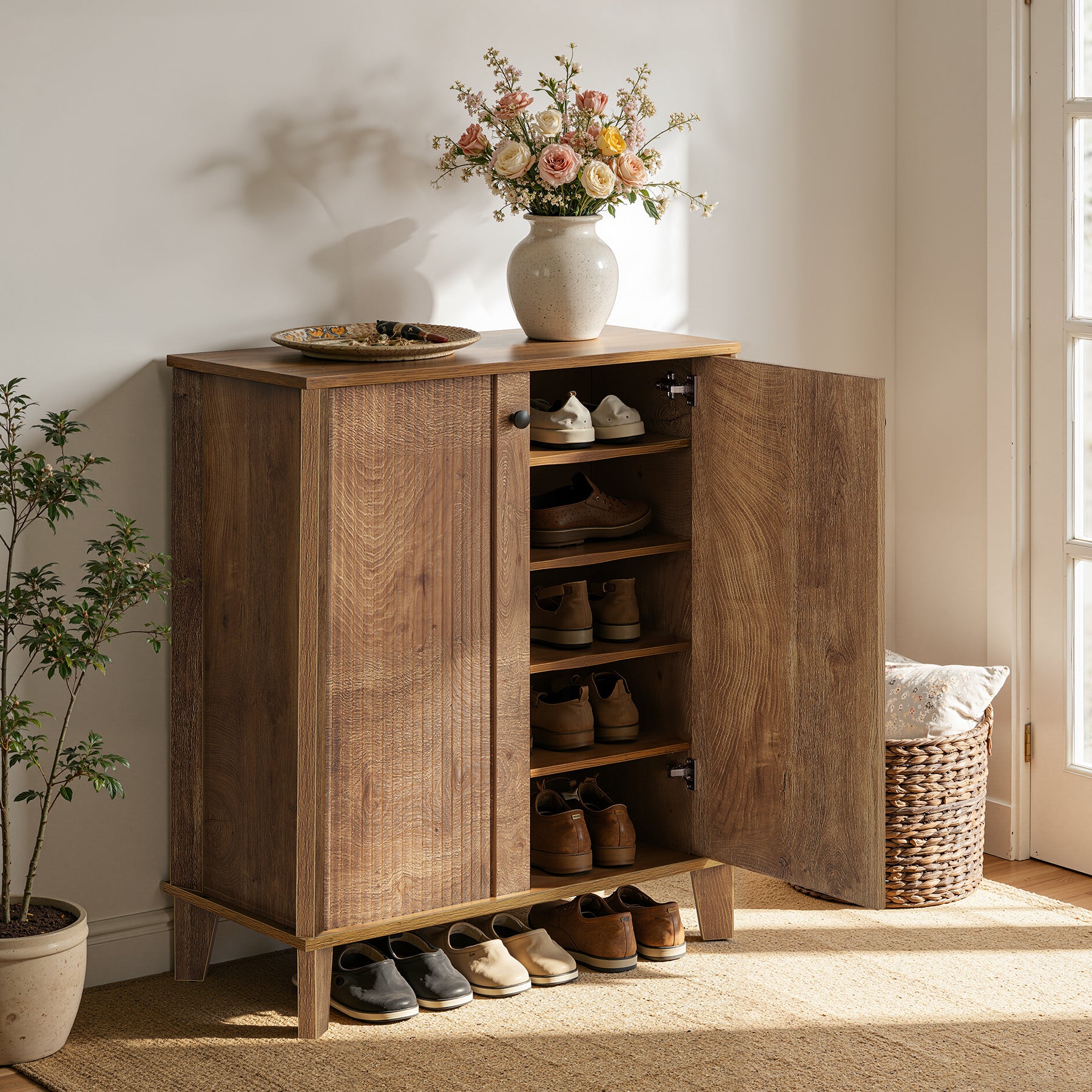 Schuhschrank 5 Ebenen im Landhausstil, Schuhregal mit 3 verstellbaren & herausnehmbaren Böden für Flur und Eingangsbereich