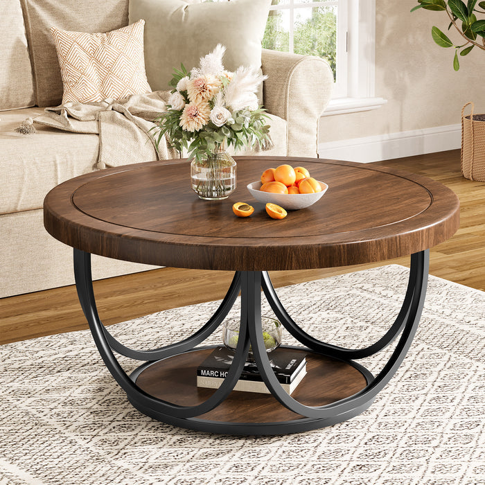 Runder Couchtisch 80 cm mit Ablage, 2-stufiger Wohnzimmertisch Industrial Stil mit Metallgestell