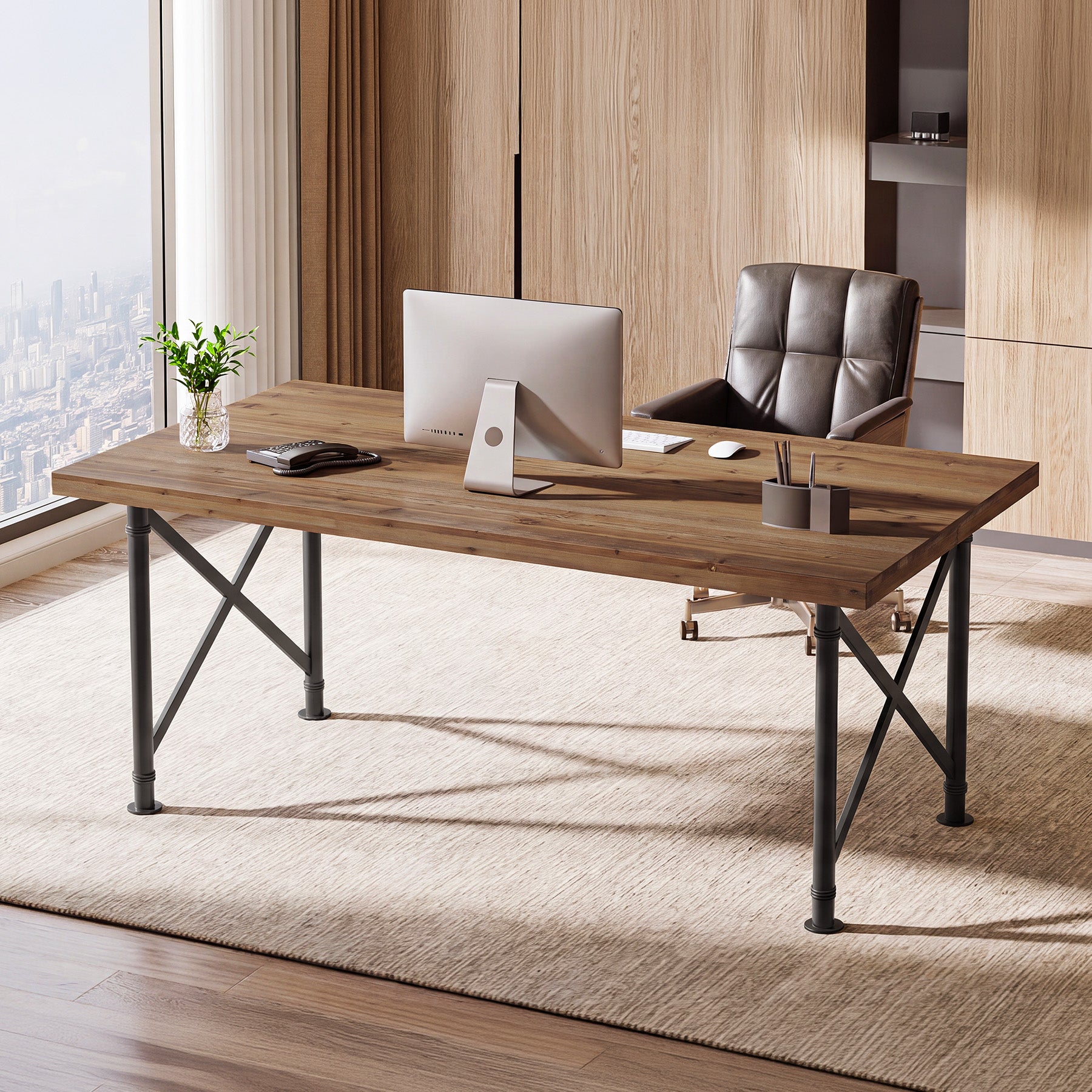 Massivholz Schreibtisch 160 × 80 cm, Computertisch mit X-Metallbeinen für Homeoffice