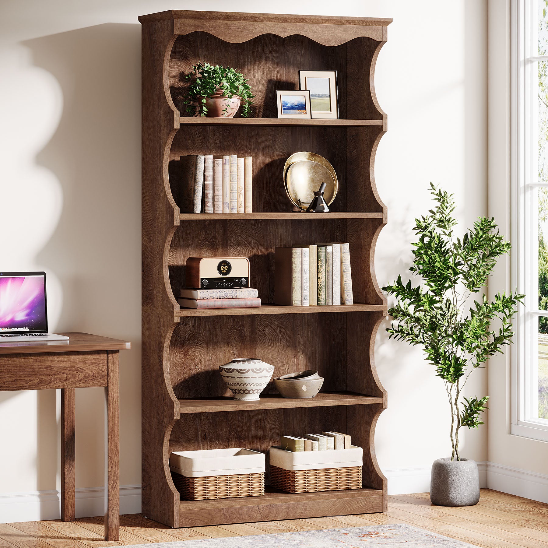 180 cm Freistehendes Bücherregal, Offenes Holzregal mit 6 Ablagen für Wohnzimmer und Schlafzimmer