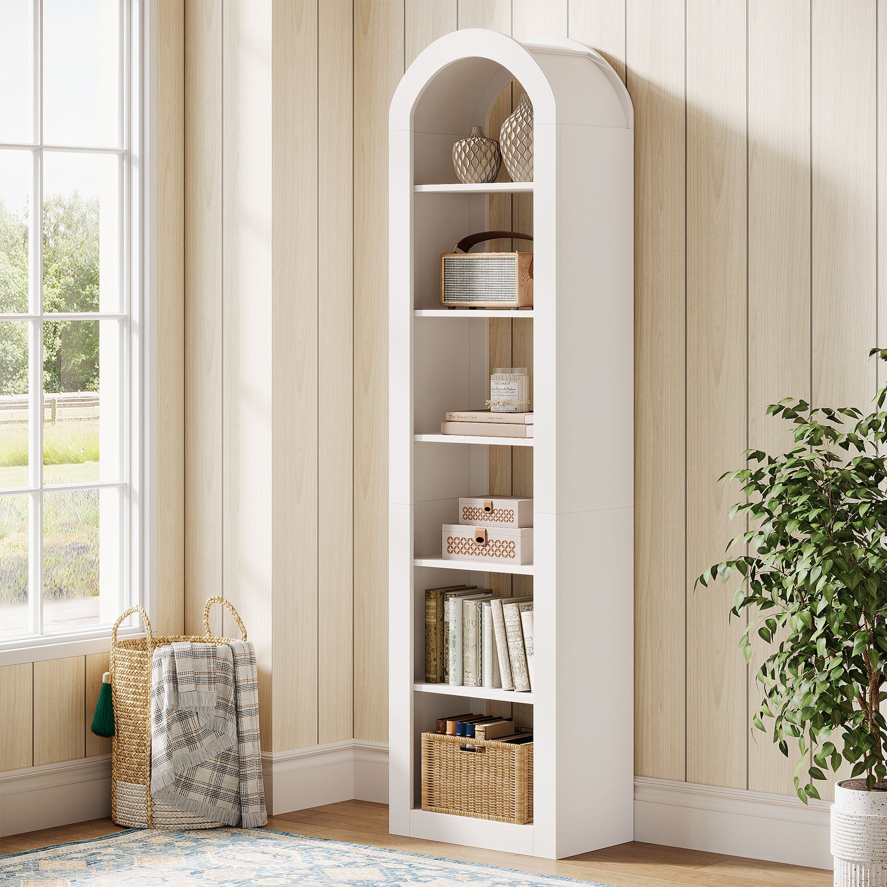 Tribesigns Hohe Bücherregal 190 cm mit Bogenform, Schmaler 6-Ebenen Standregal für Ecke & Kleine Räume