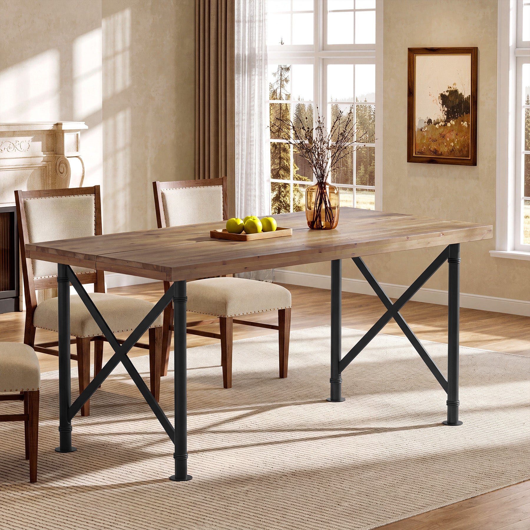 Massivholz Esstisch 160 × 80 cm für 4–6 Personen, Rechteckiger Küchentisch mit X-Metallgestell